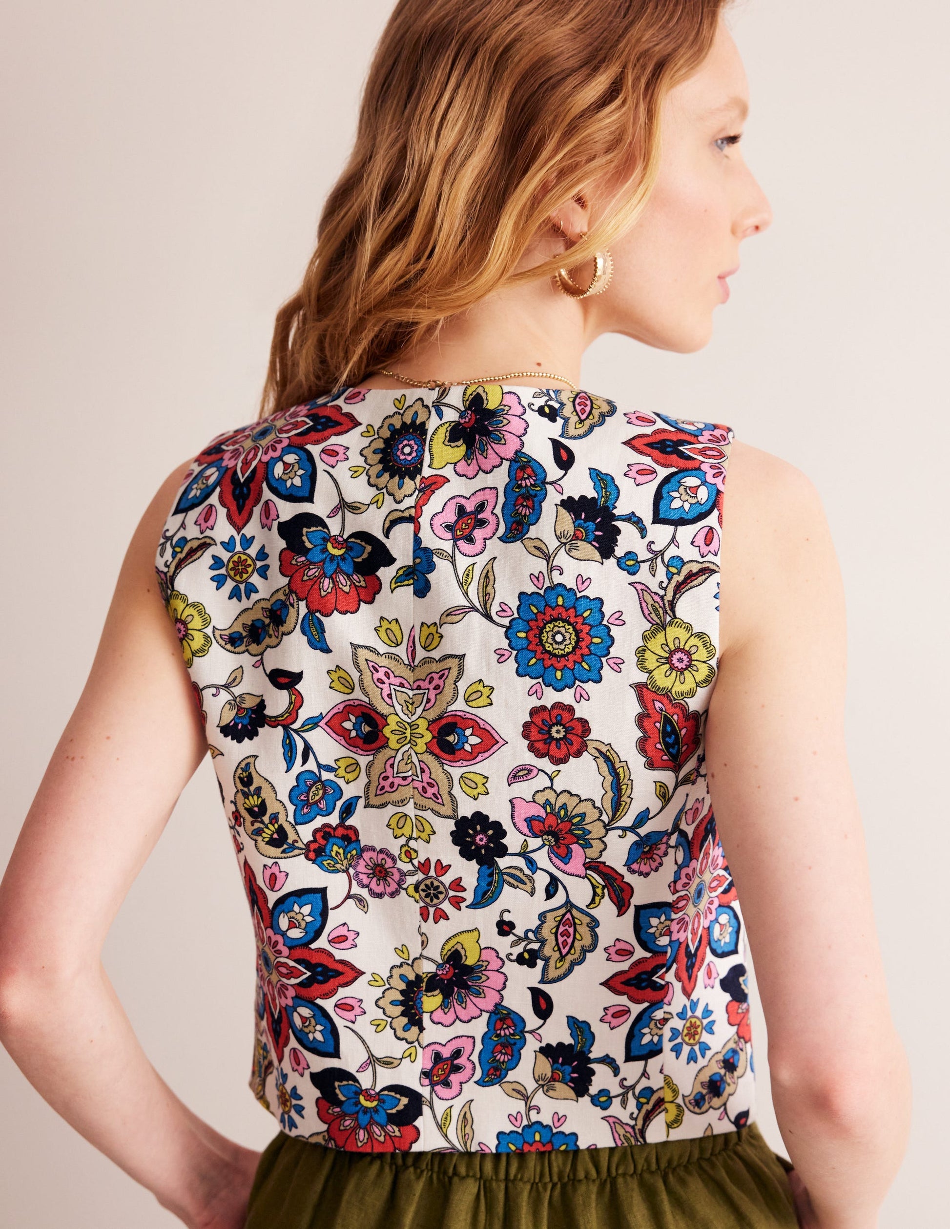 Linen V-Neck Waistcoat-Ivory, Botanic Sprig-3
