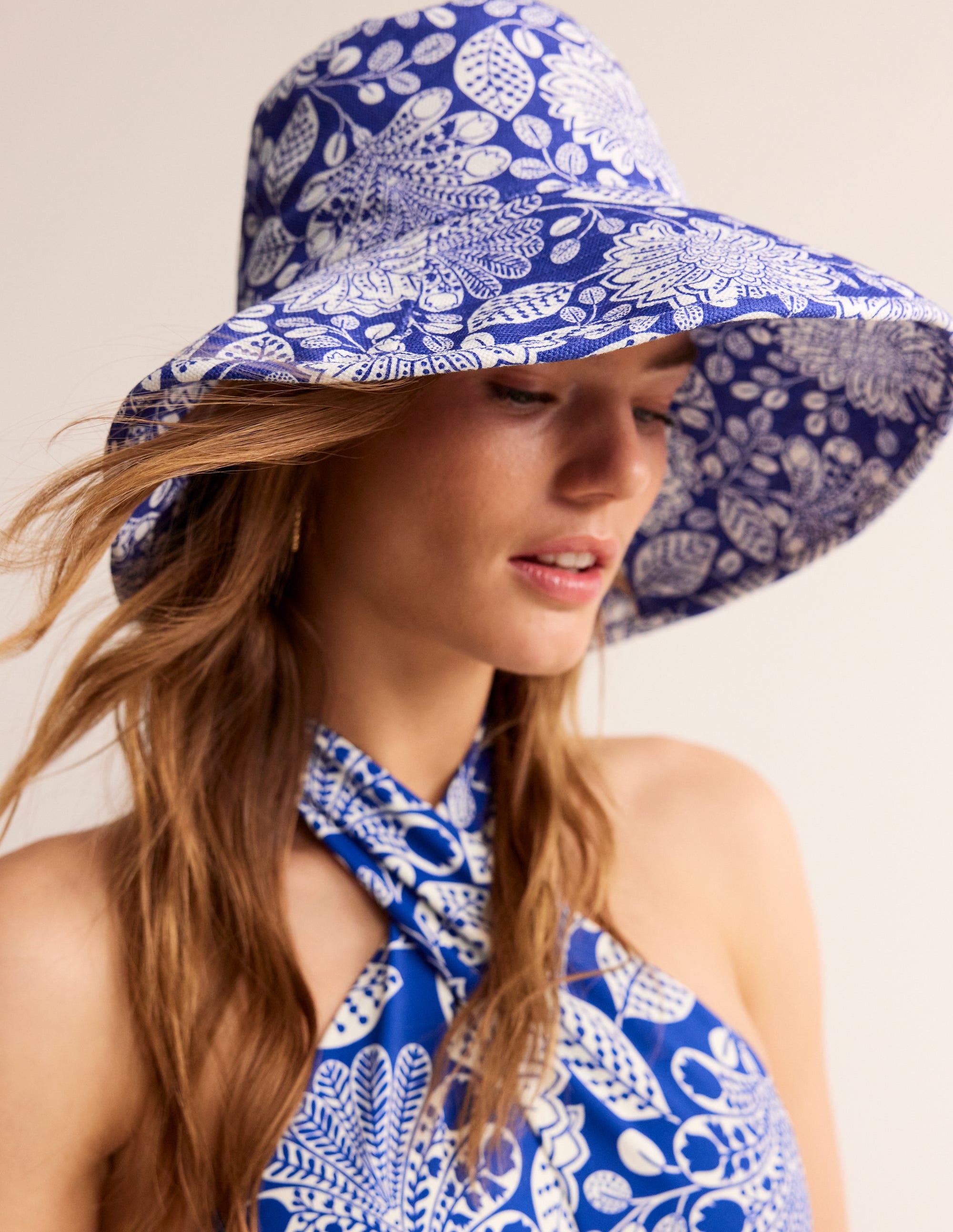 Printed Canvas Bucket Hat-Bright Blue, Gardenia Swirl - Image 1