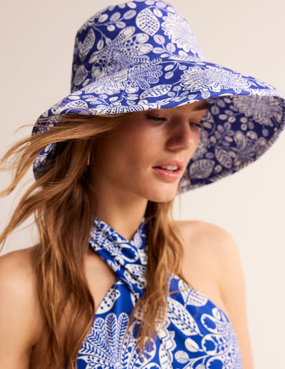 Printed Canvas Bucket Hat-Bright Blue, Gardenia Swirl