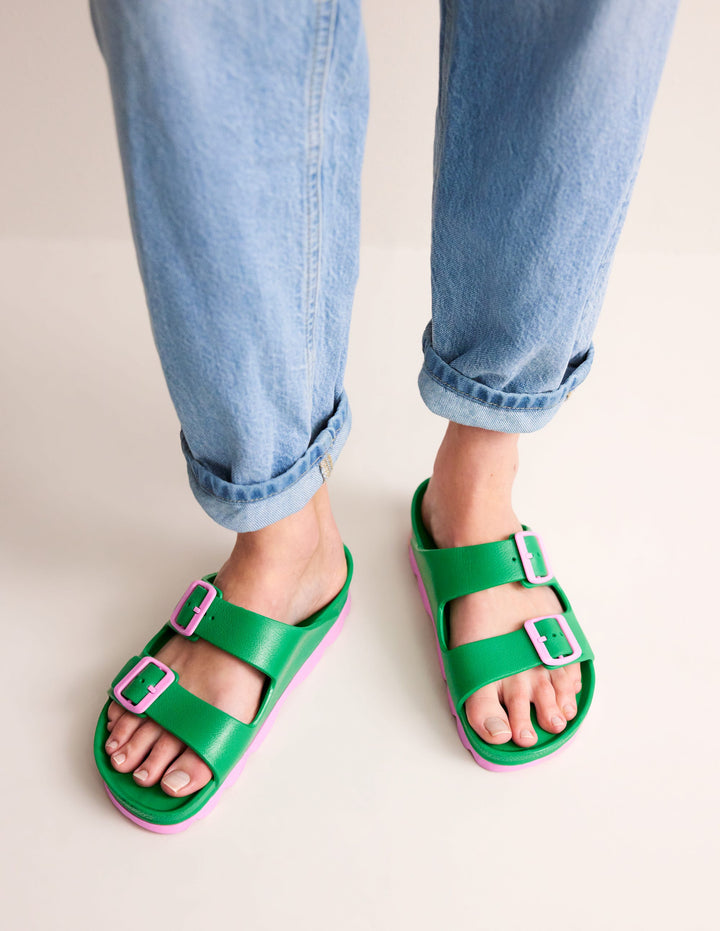 Lyla Double Buckle Sliders-Rich Emerald/Soft Pink