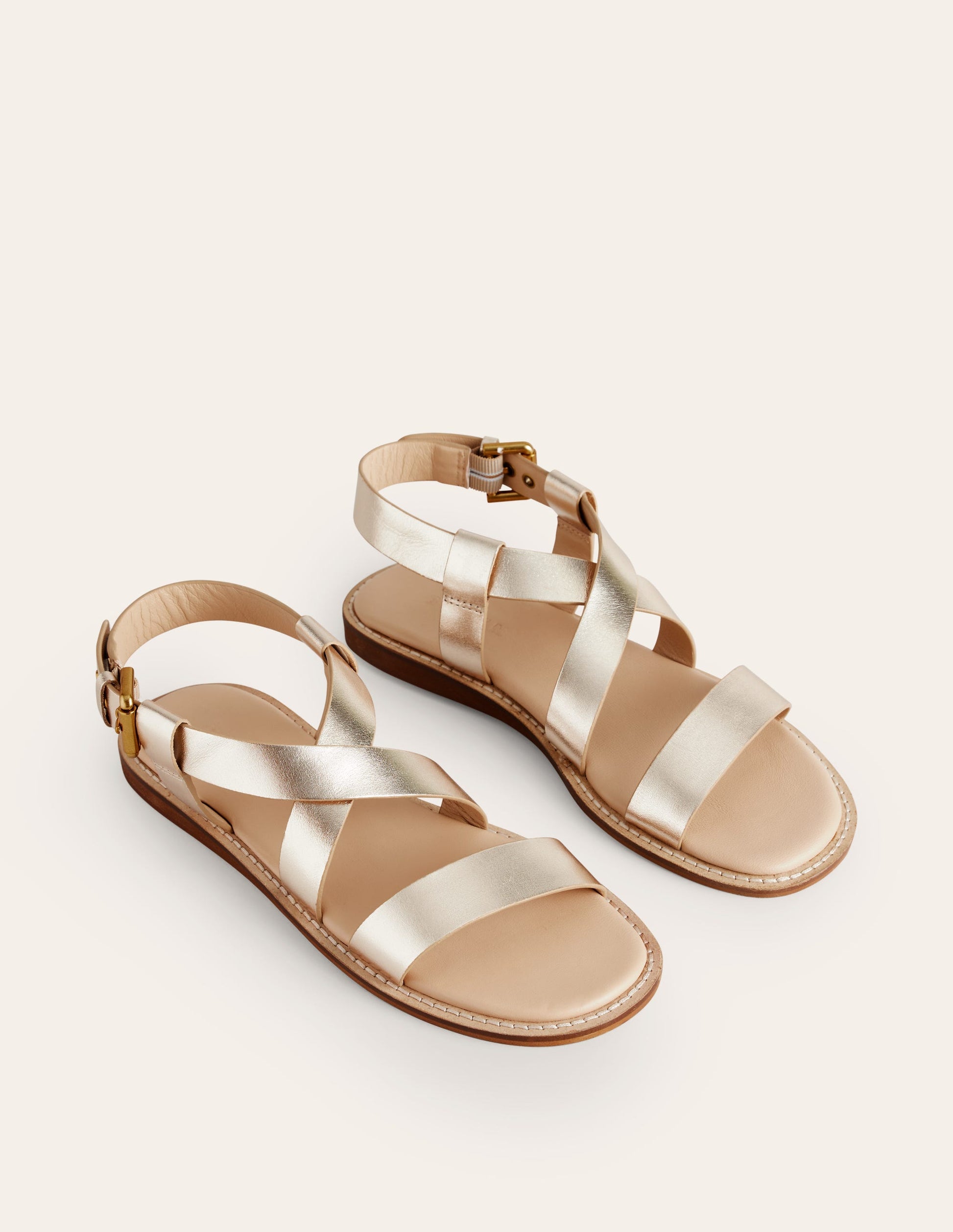 Cross Strap Flat Sandals-Gold Leather-4