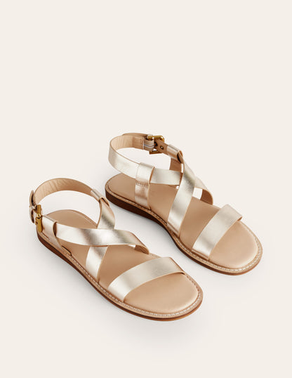 Cross Strap Flat Sandals-Gold Leather-4