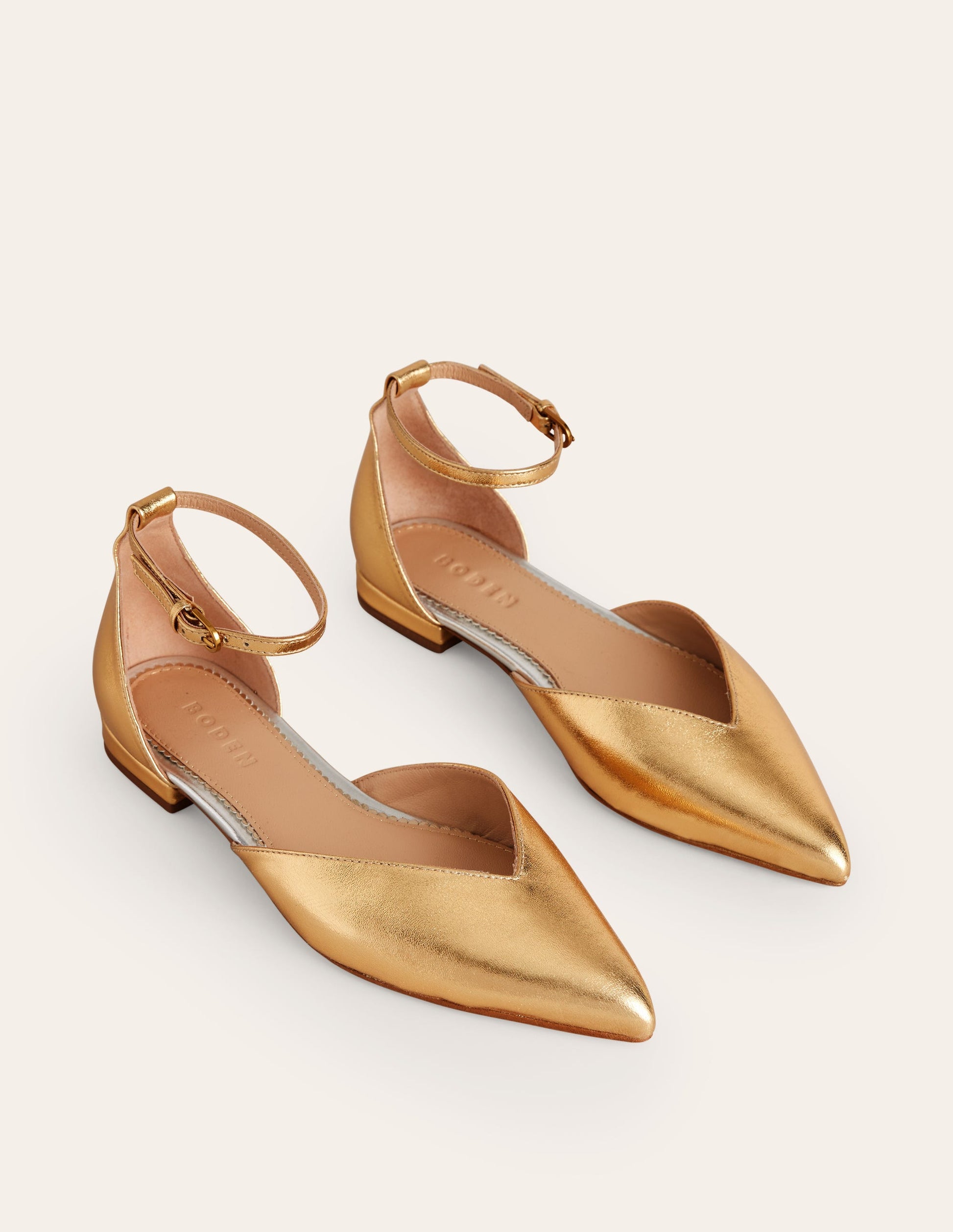 Ankle Strap Point Flats-Gold Metallic Leather-3
