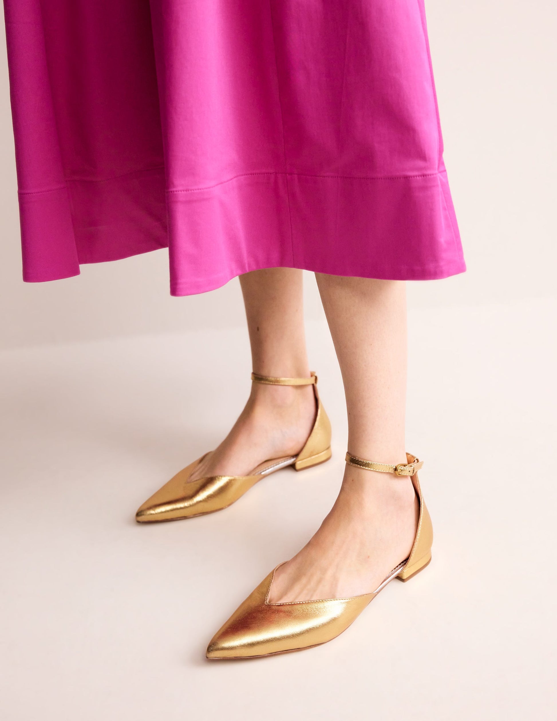Ankle Strap Point Flats-Gold Metallic Leather-1