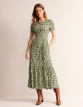 Emma Tiered Jersey Midi Dress-Moss, Animal Cheetah