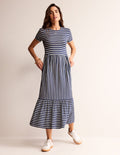 Emma Tiered Jersey Midi Dress-French Navy, Ivory Stripe