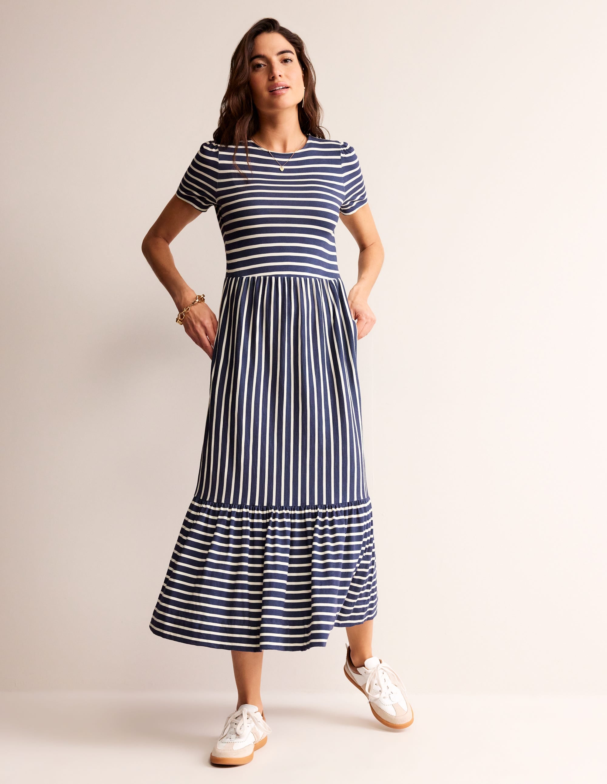 Emma Tiered Jersey Midi Dress-French Navy, Ivory Stripe - Image 1