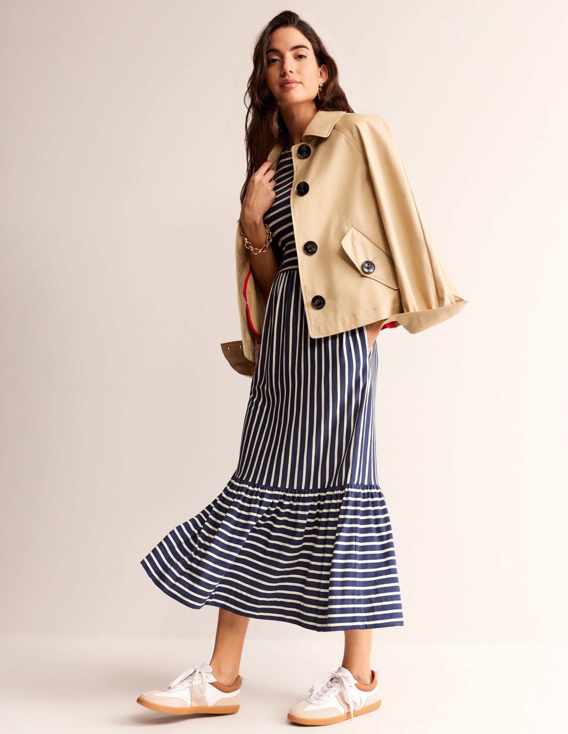 Emma Tiered Jersey Midi Dress-French Navy, Ivory Stripe-4