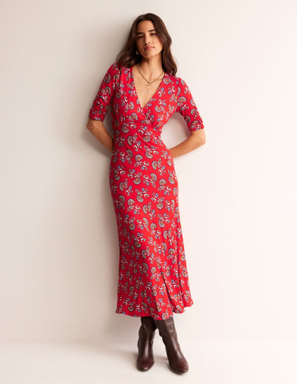 Rebecca Jersey Midi Tea Dress-Flame Scarlet, Botanical Bunch