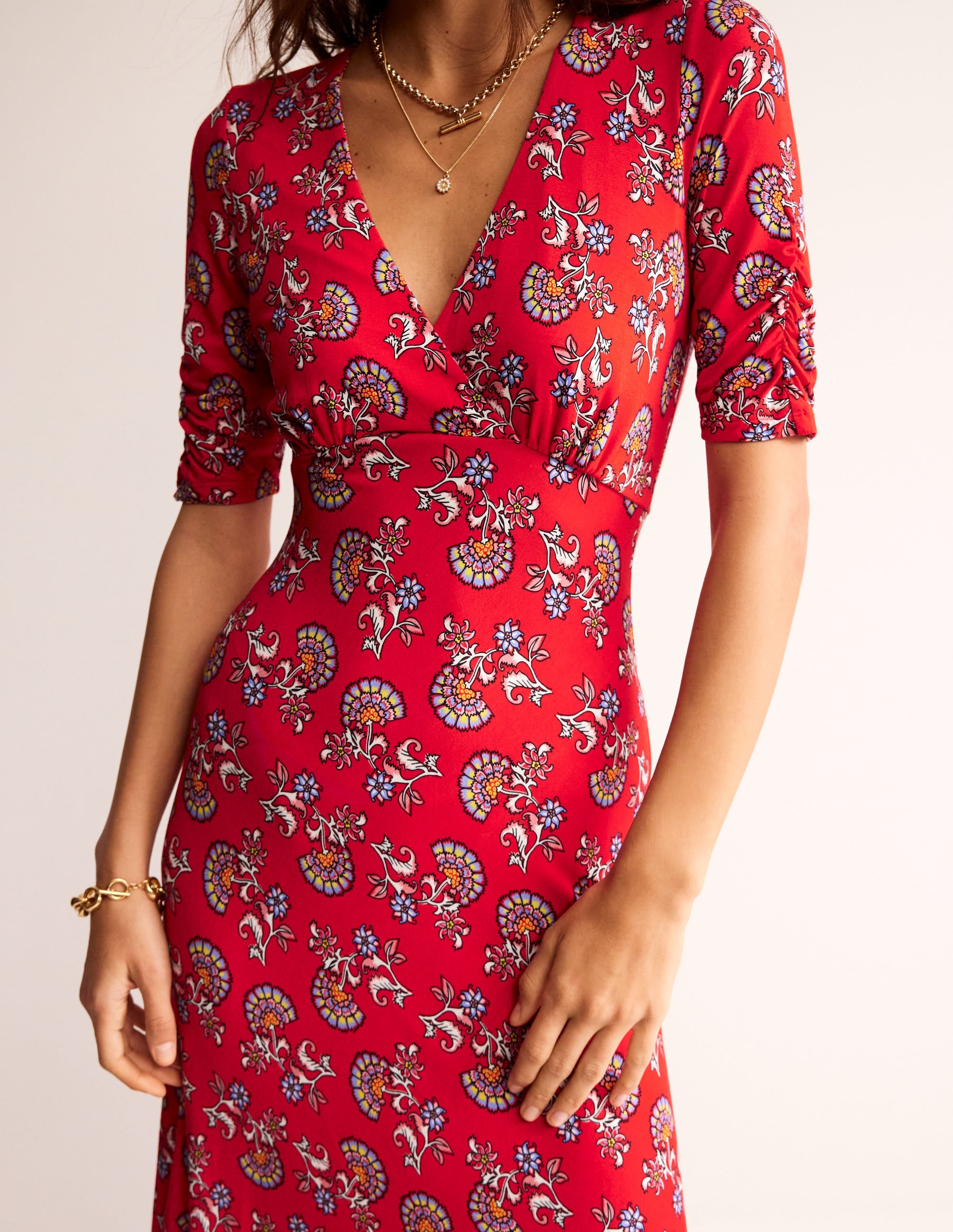 Rebecca Jersey Midi Tea Dress-Flame Scarlet, Botanical Bunch - Image 2