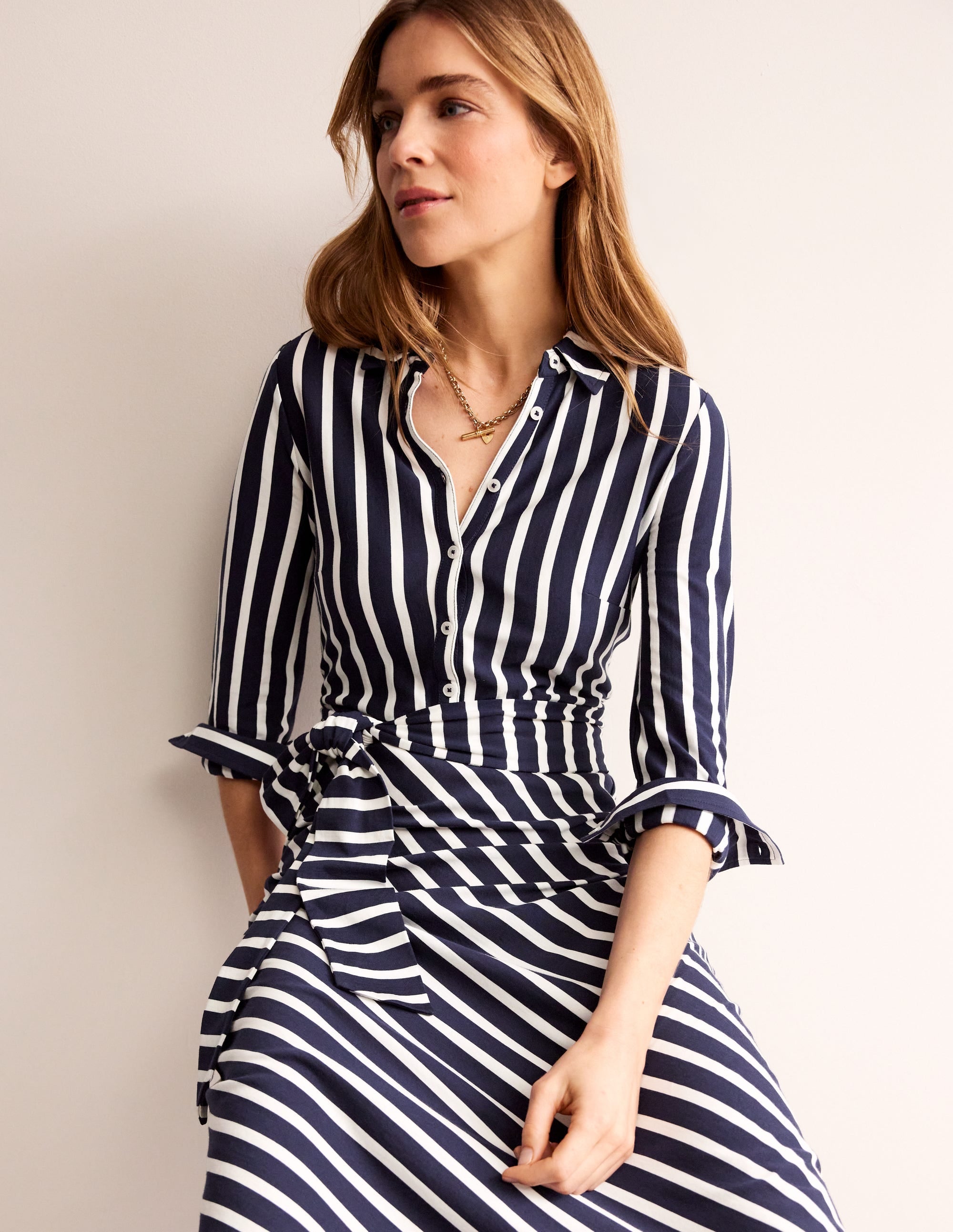 Laura Jersey Midi Shress-French Navy, Ivory Stripe - Image 1