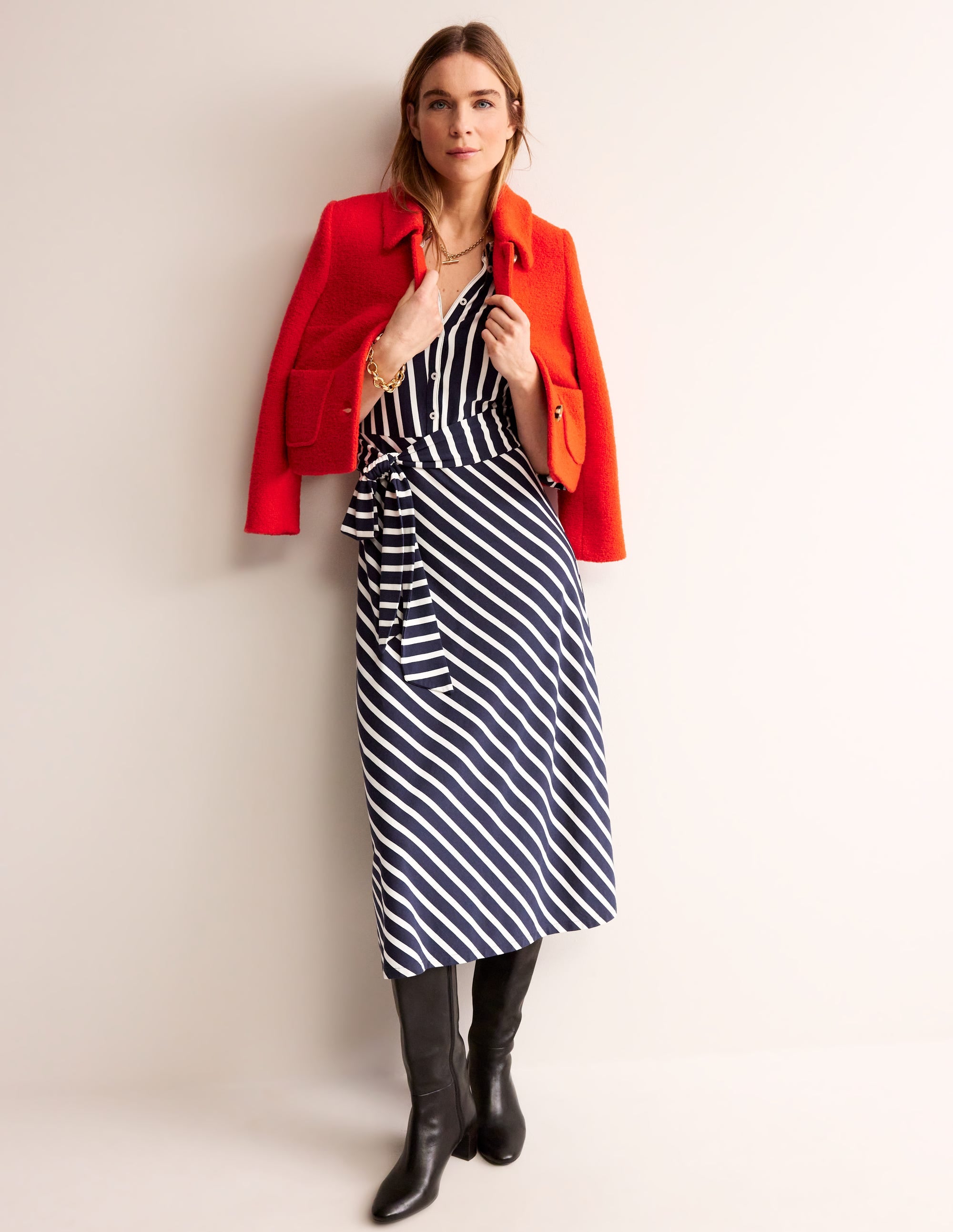 Laura Jersey Midi Shress-French Navy, Ivory Stripe - Image 4