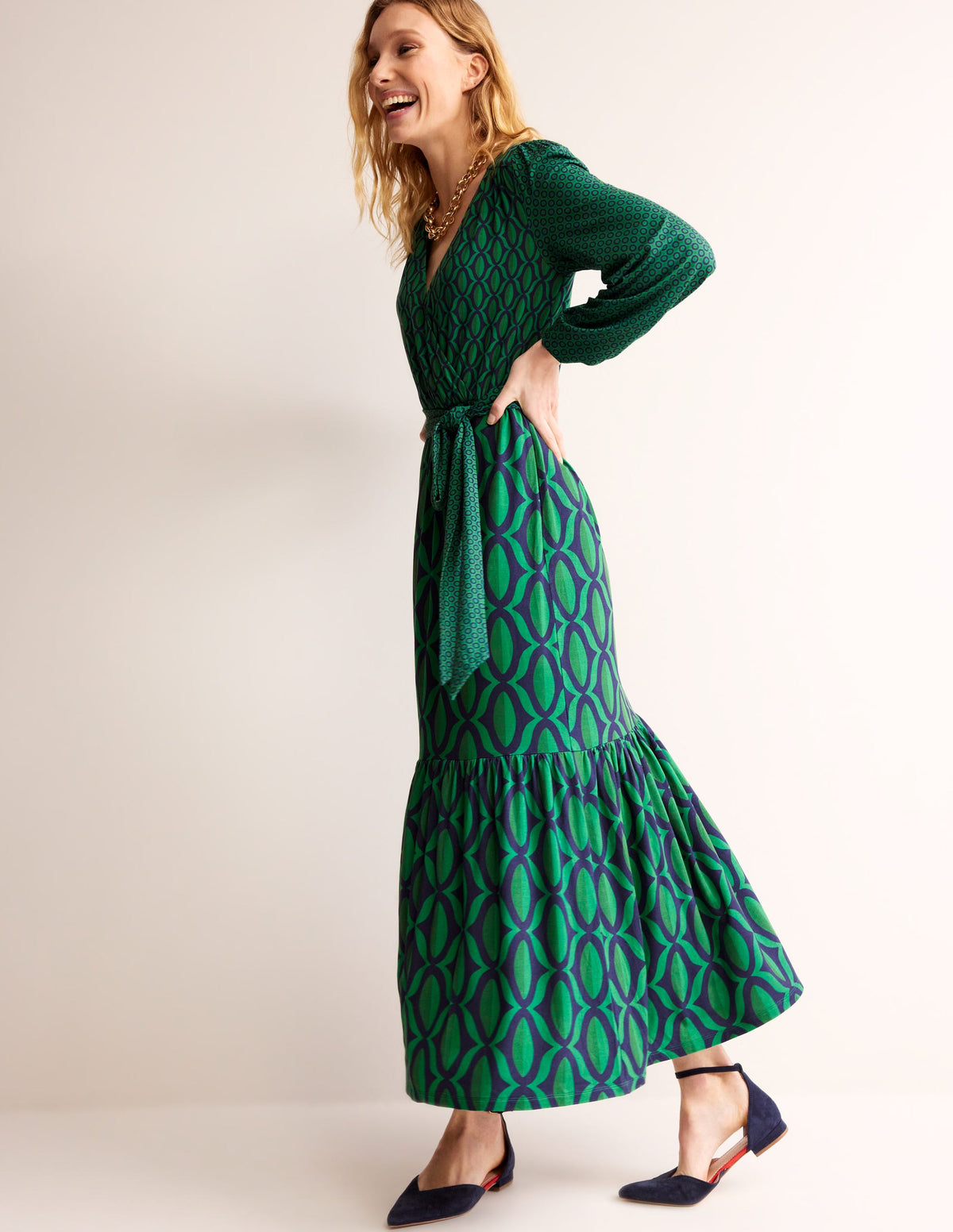 Jersey Maxi Wrap Dress-Veridian Green, Geo Valley - Image 4