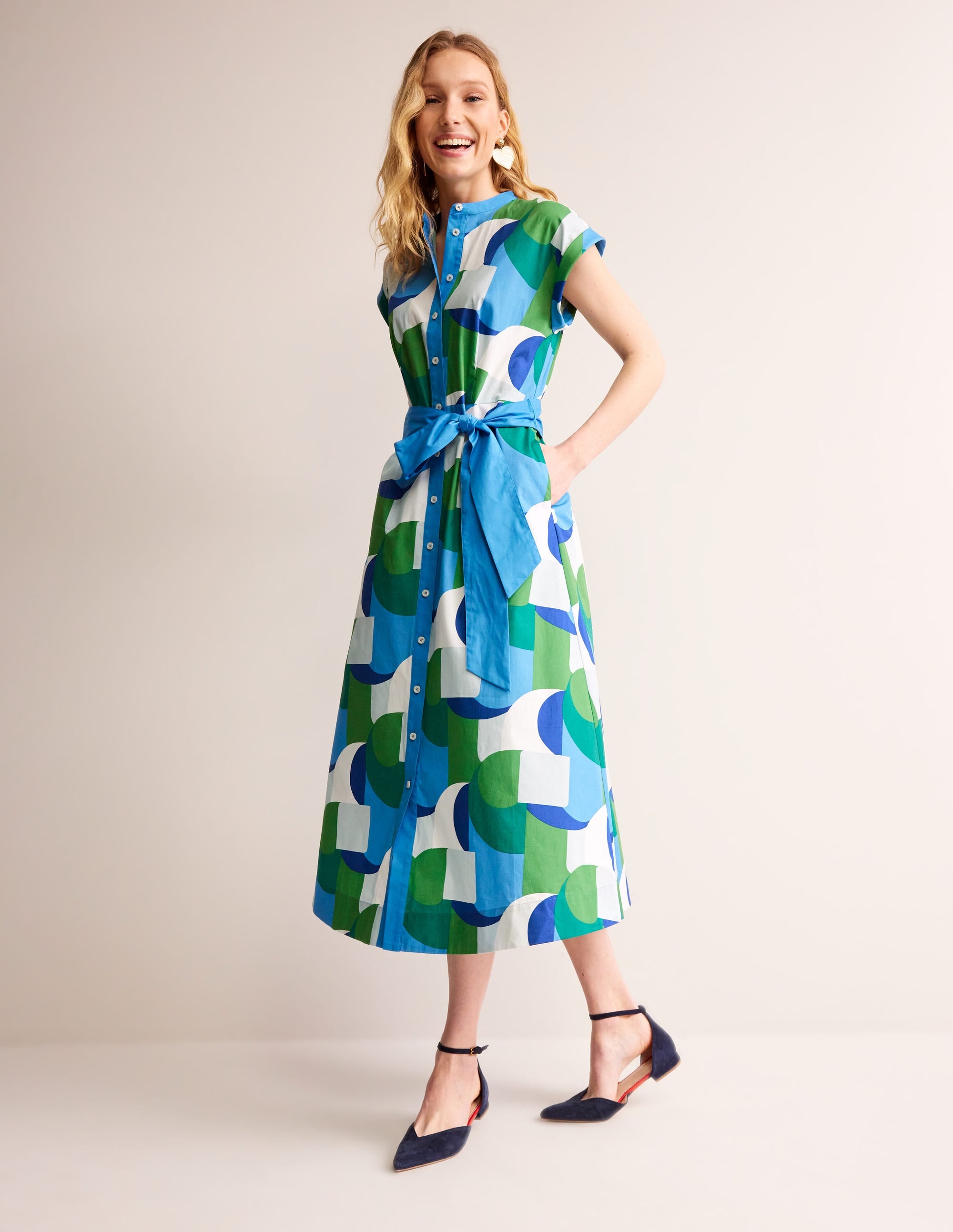 Amanda Cotton Midi Shirt Dress-Blue, Geometric Swirl - Image 1