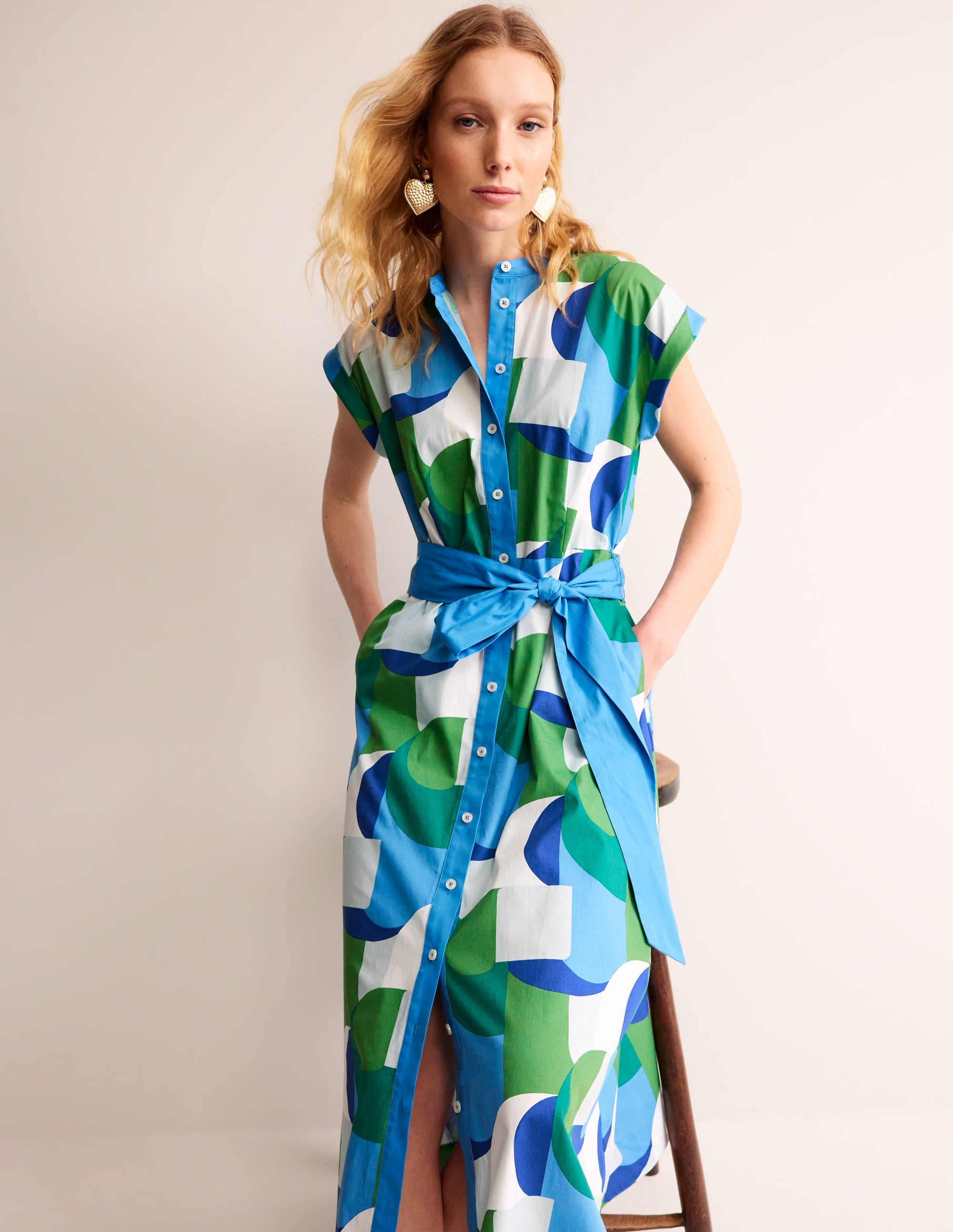 Amanda Cotton Midi Shirt Dress-Blue, Geometric Swirl - Image 2