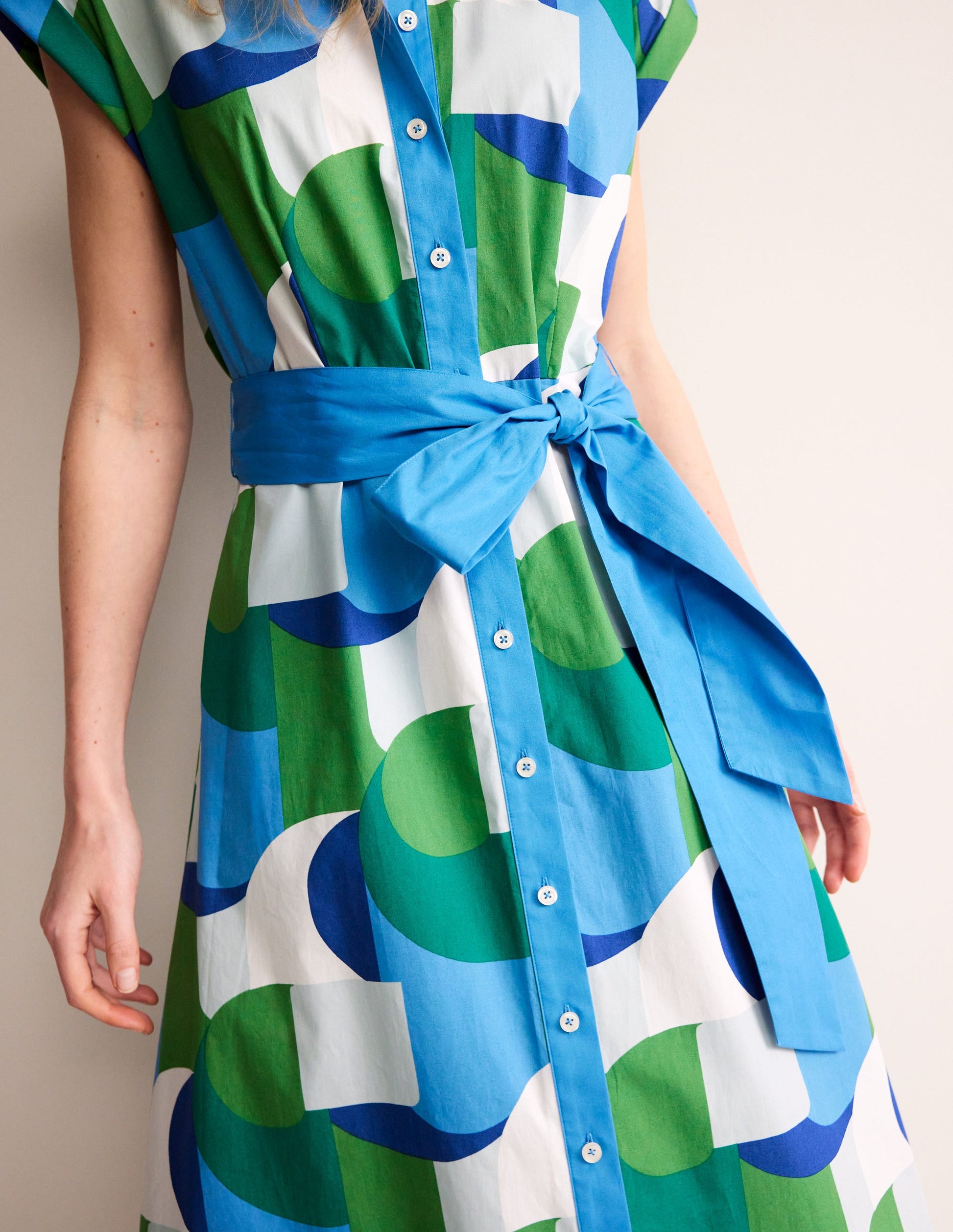 Amanda Cotton Midi Shirt Dress-Blue, Geometric Swirl-3