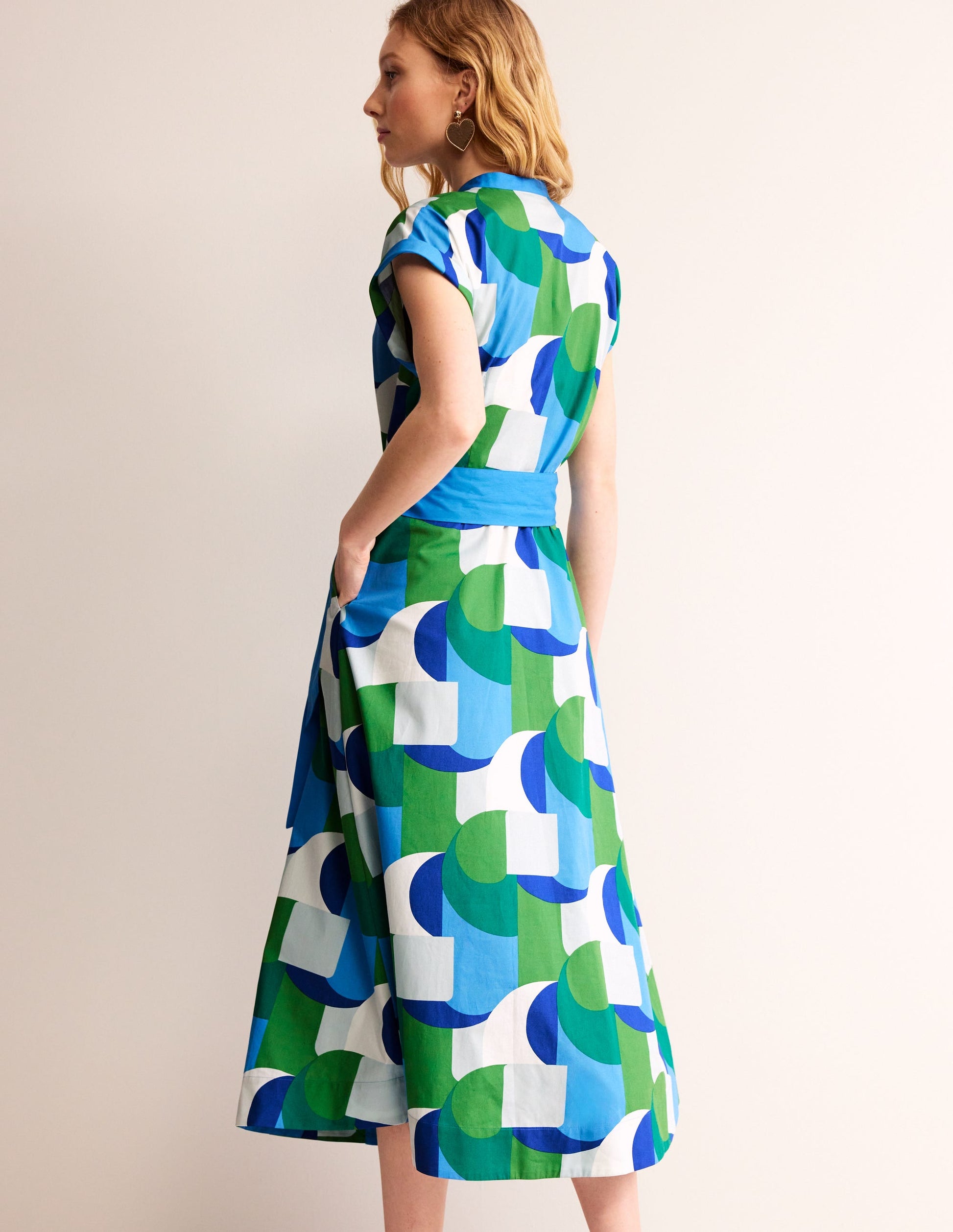 Amanda Cotton Midi Shirt Dress-Blue, Geometric Swirl-4