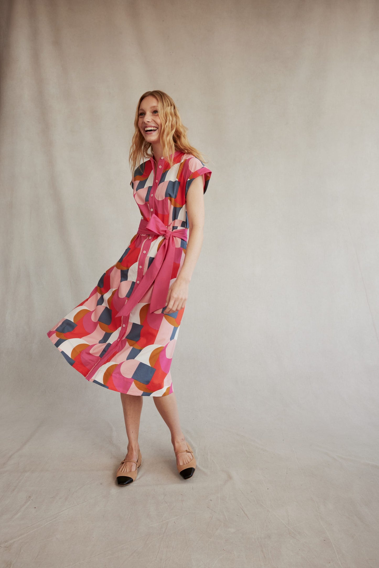 Amanda Cotton Midi Shirt Dress-Festival Pink, Geometric Swirl
