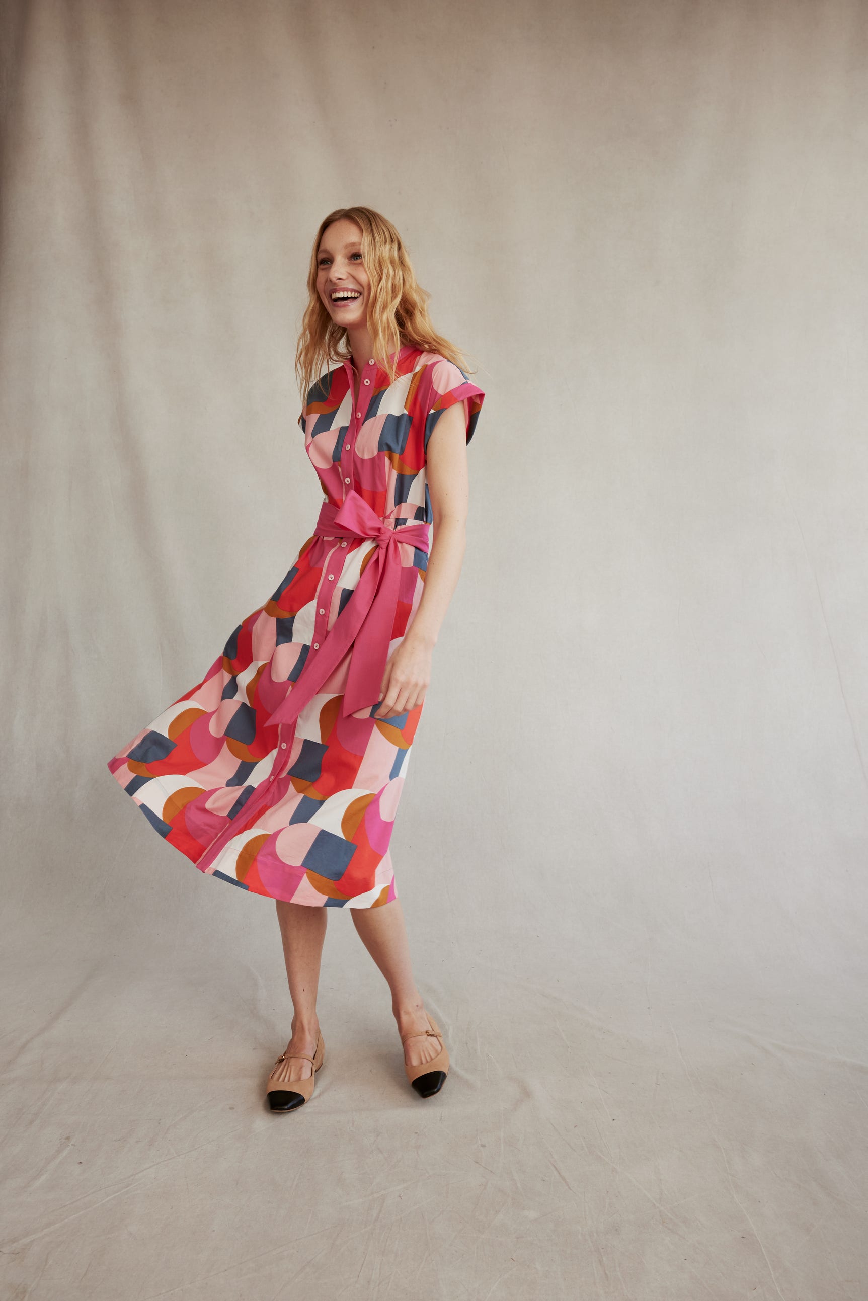 Amanda Cotton Midi Shirt Dress-Festival Pink, Geometric Swirl-7