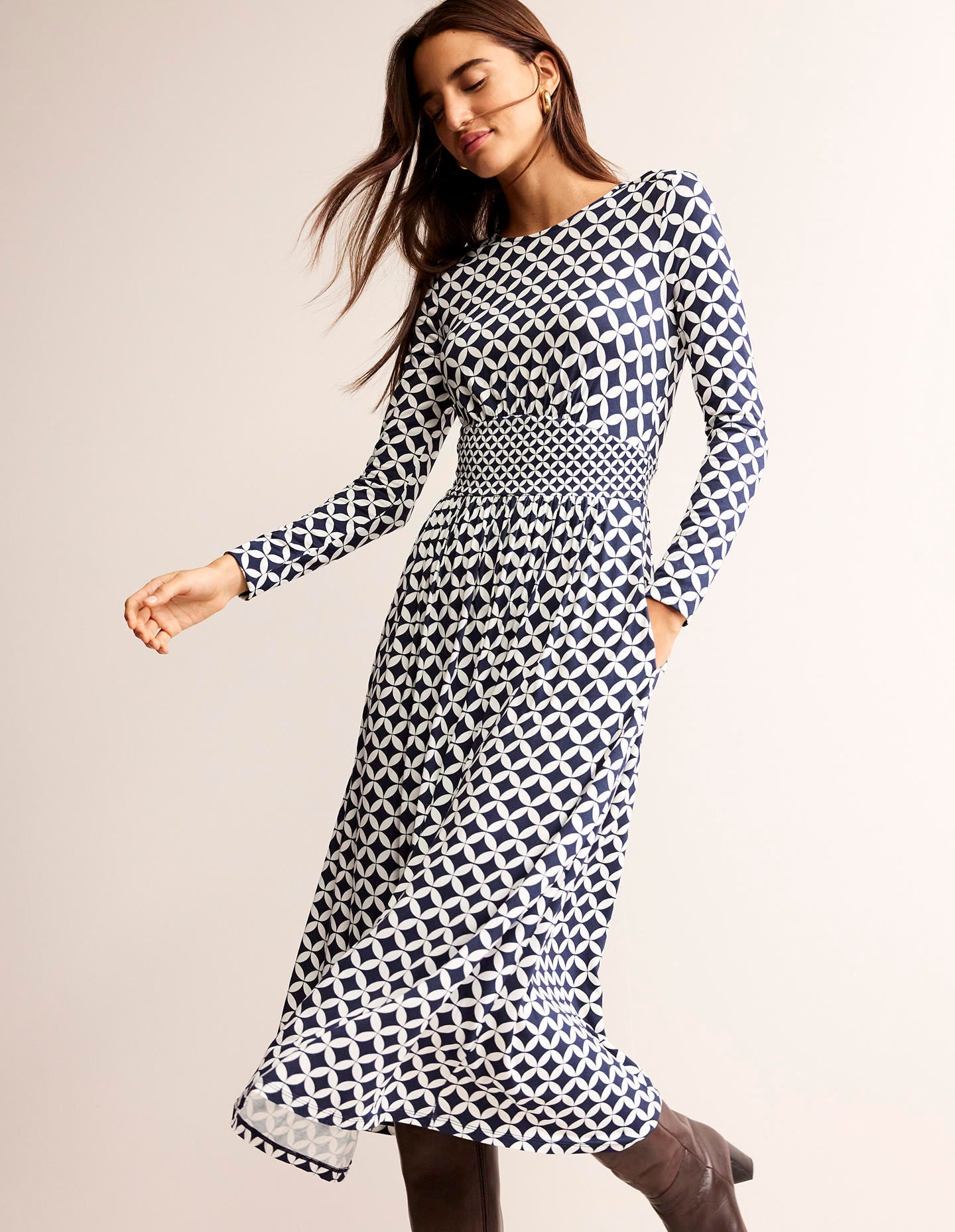 Thea Long Sleeve Midi Dress-French Navy, Diamond Terrace - Image 1