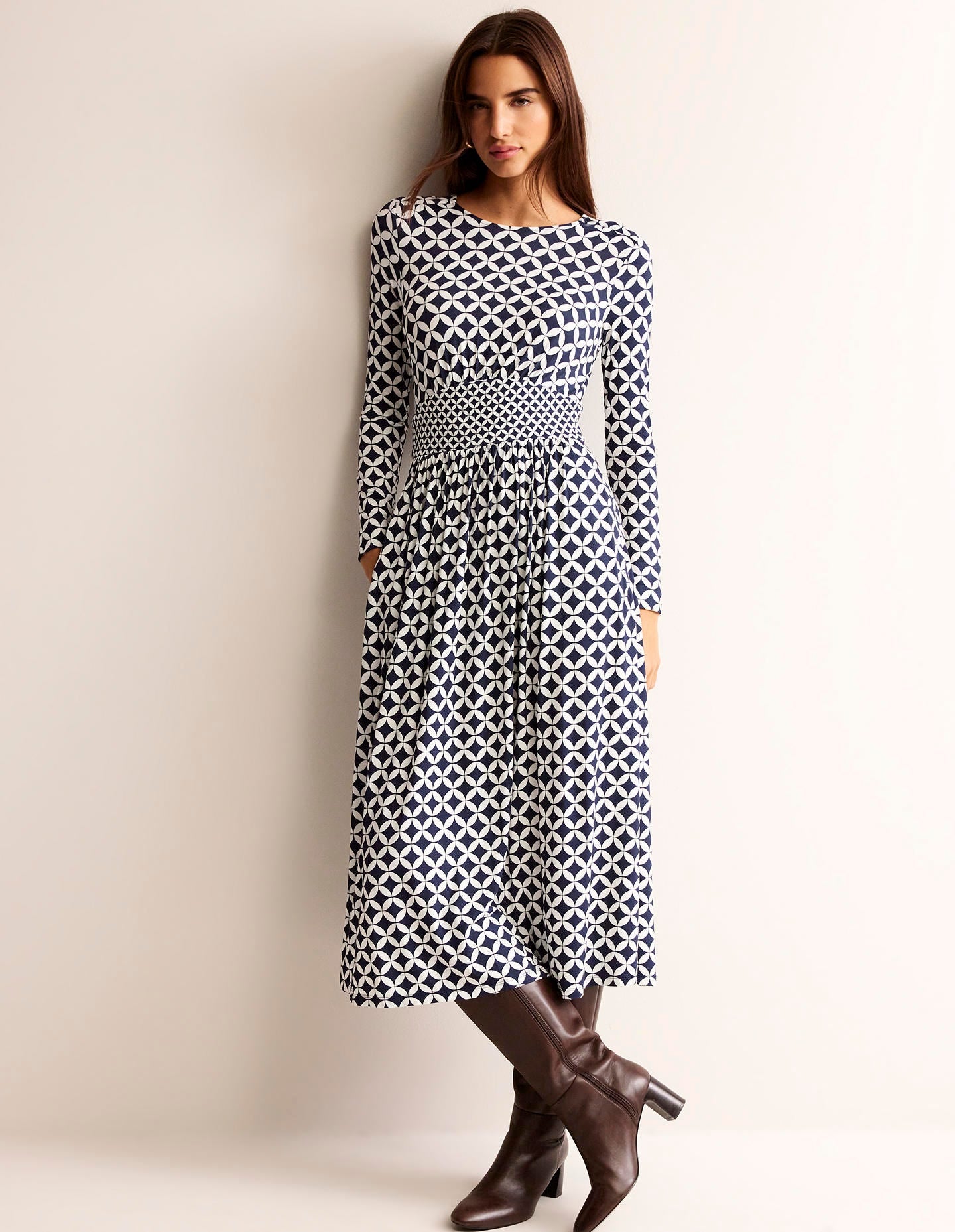Thea Long Sleeve Midi Dress-French Navy, Diamond Terrace-4