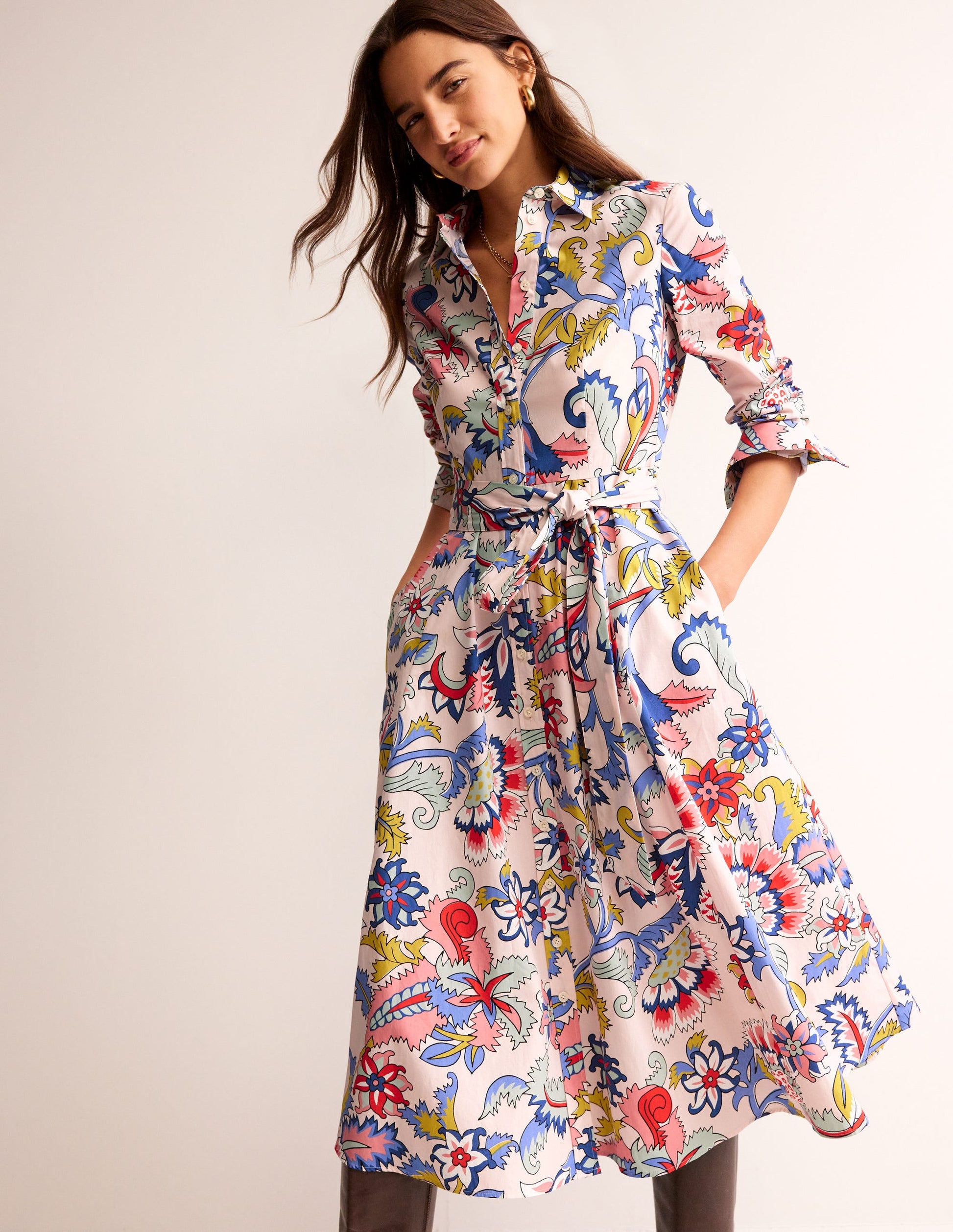 Amy Cotton Midi Shirt Dress-Marshmallow, Botanical Bunch-1