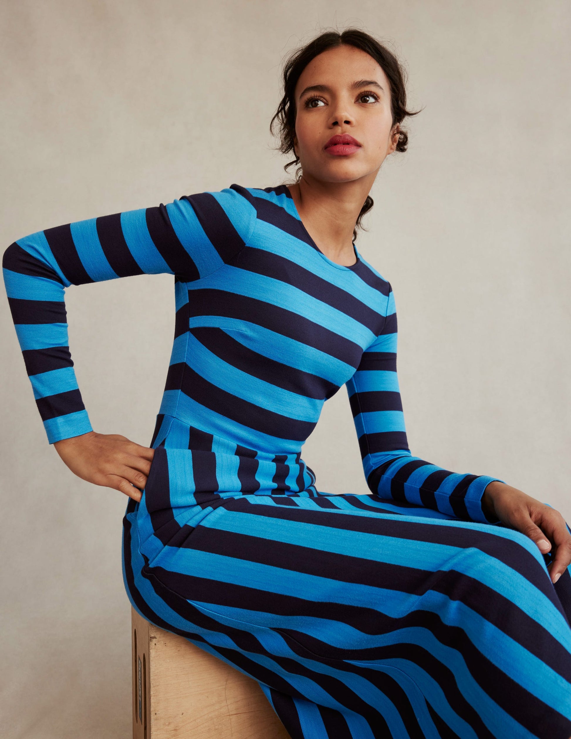 Stripe Jersey Midi Dress-Navy, Brilliant Blue Stripe-5