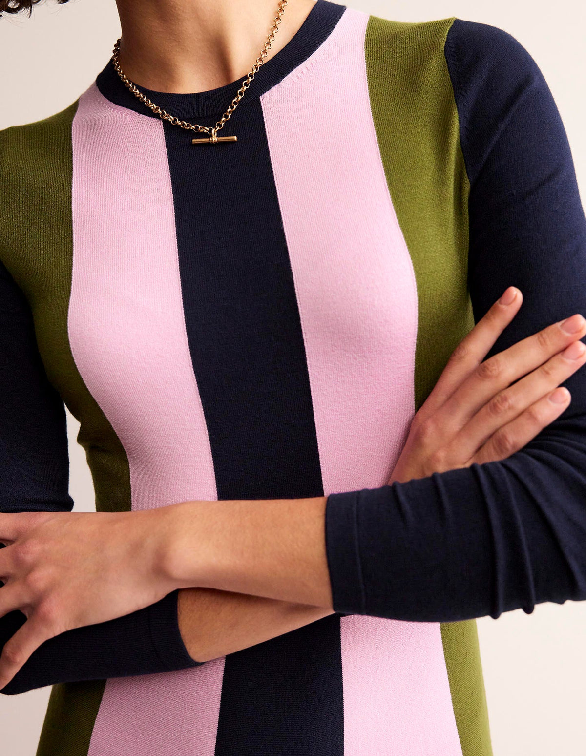 Colour Block Knitted Dress-Navy, Moss, Mauve Mist - Image 3