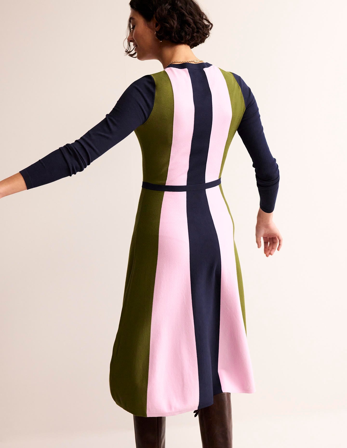Colour Block Knitted Dress-Navy, Moss, Mauve Mist - Image 4