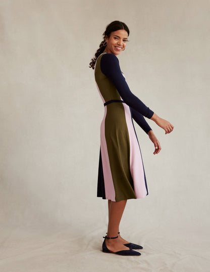 Colour Block Knitted Dress-Navy, Moss, Mauve Mist-5