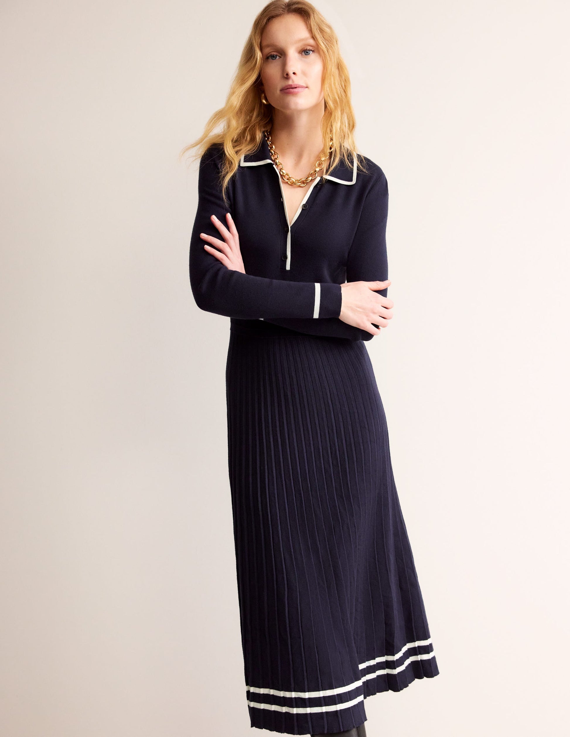 Mollie Pleated Knitted Dress-Navy Warm Ivory-1