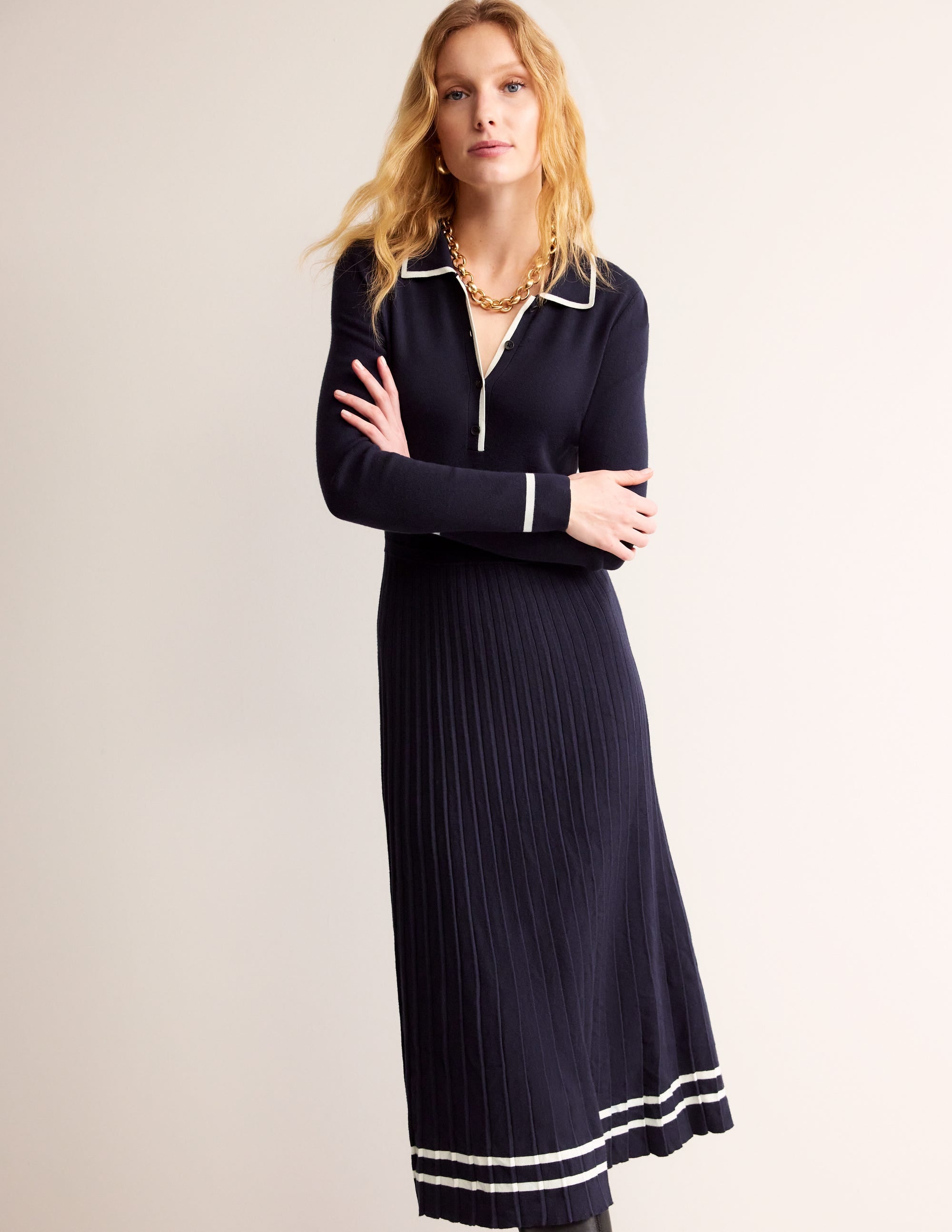 Mollie Pleated Knitted Dress-Navy Warm Ivory - Image 1