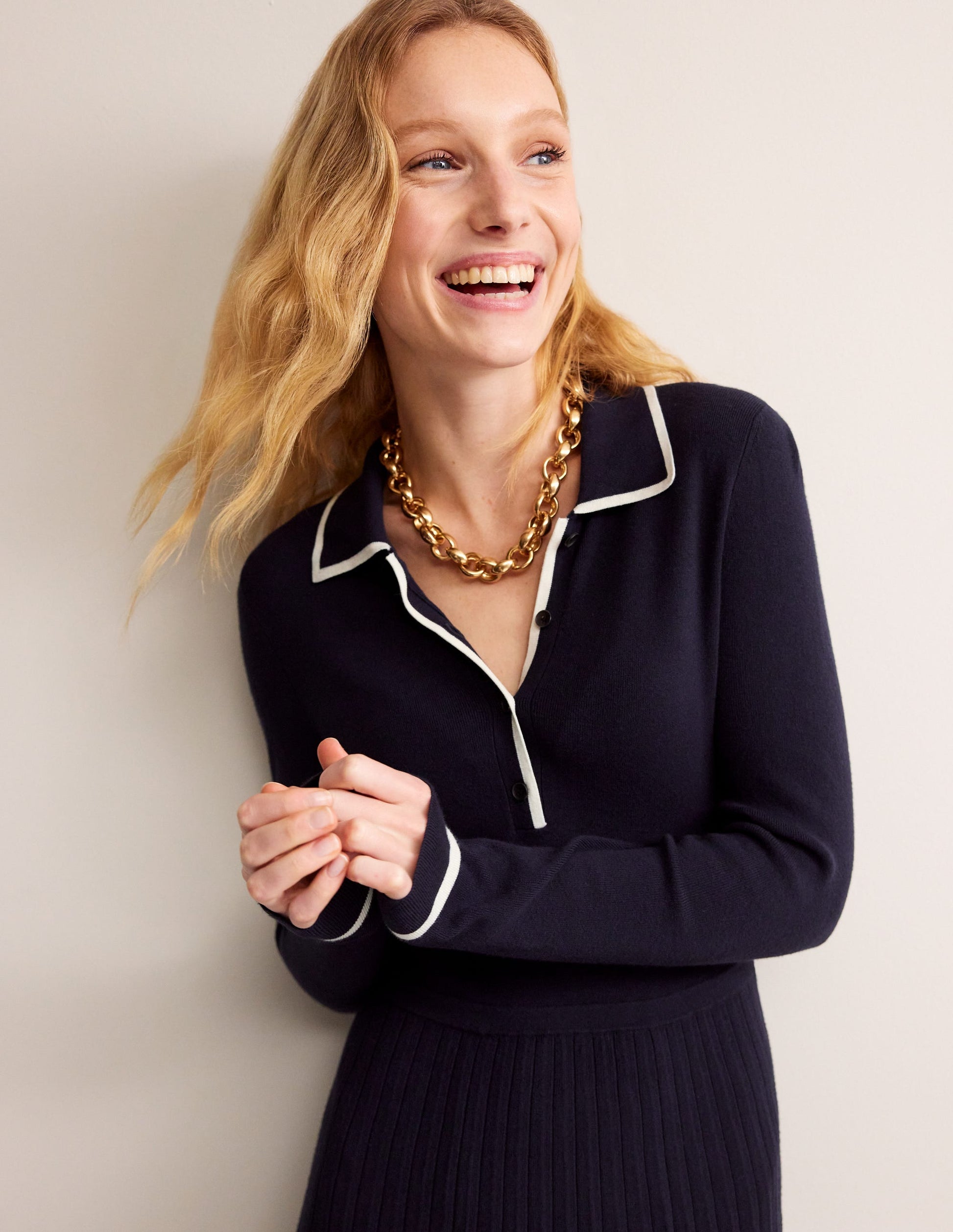 Mollie Pleated Knitted Dress-Navy Warm Ivory-2