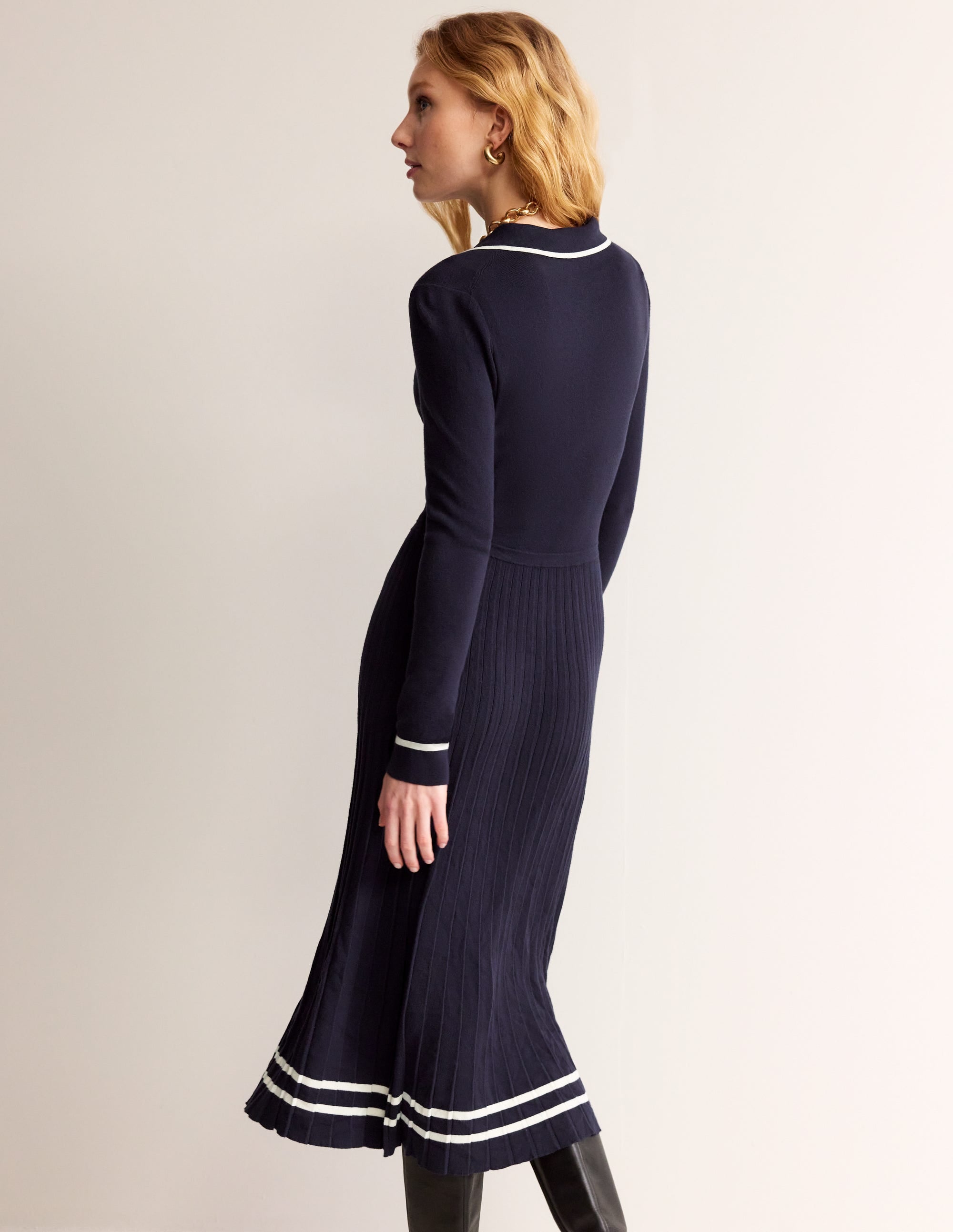 Mollie Pleated Knitted Dress-Navy Warm Ivory - Image 3