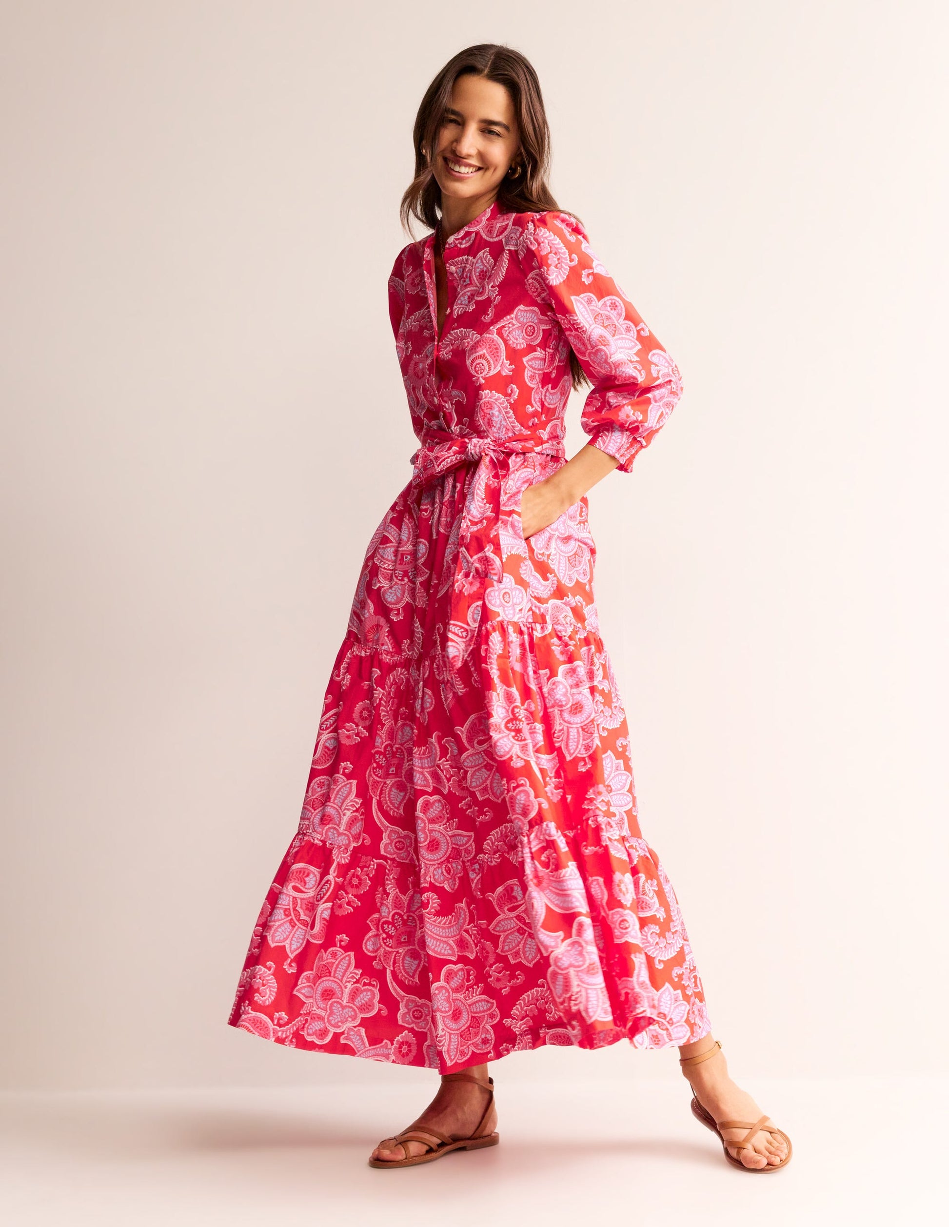 Alba Tiered Cotton Maxi Dress-Flame Scarlet, Cascade Paisley-5