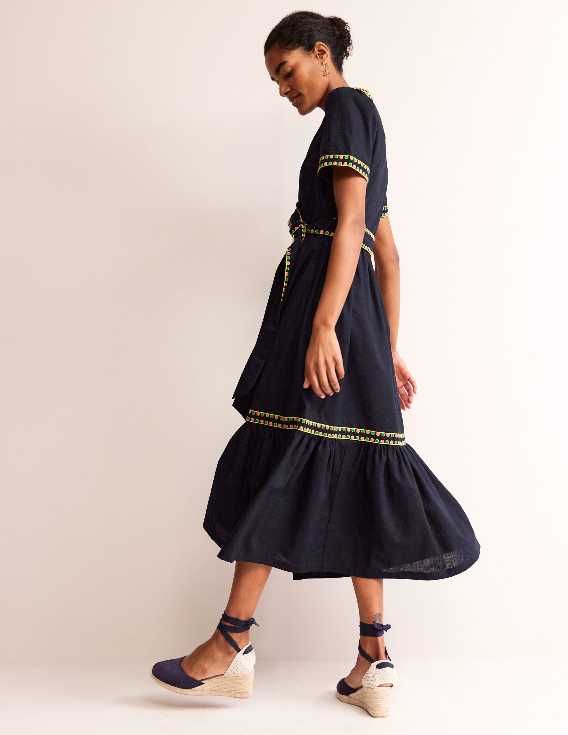Embroidered Linen Blend Dress-Navy-4