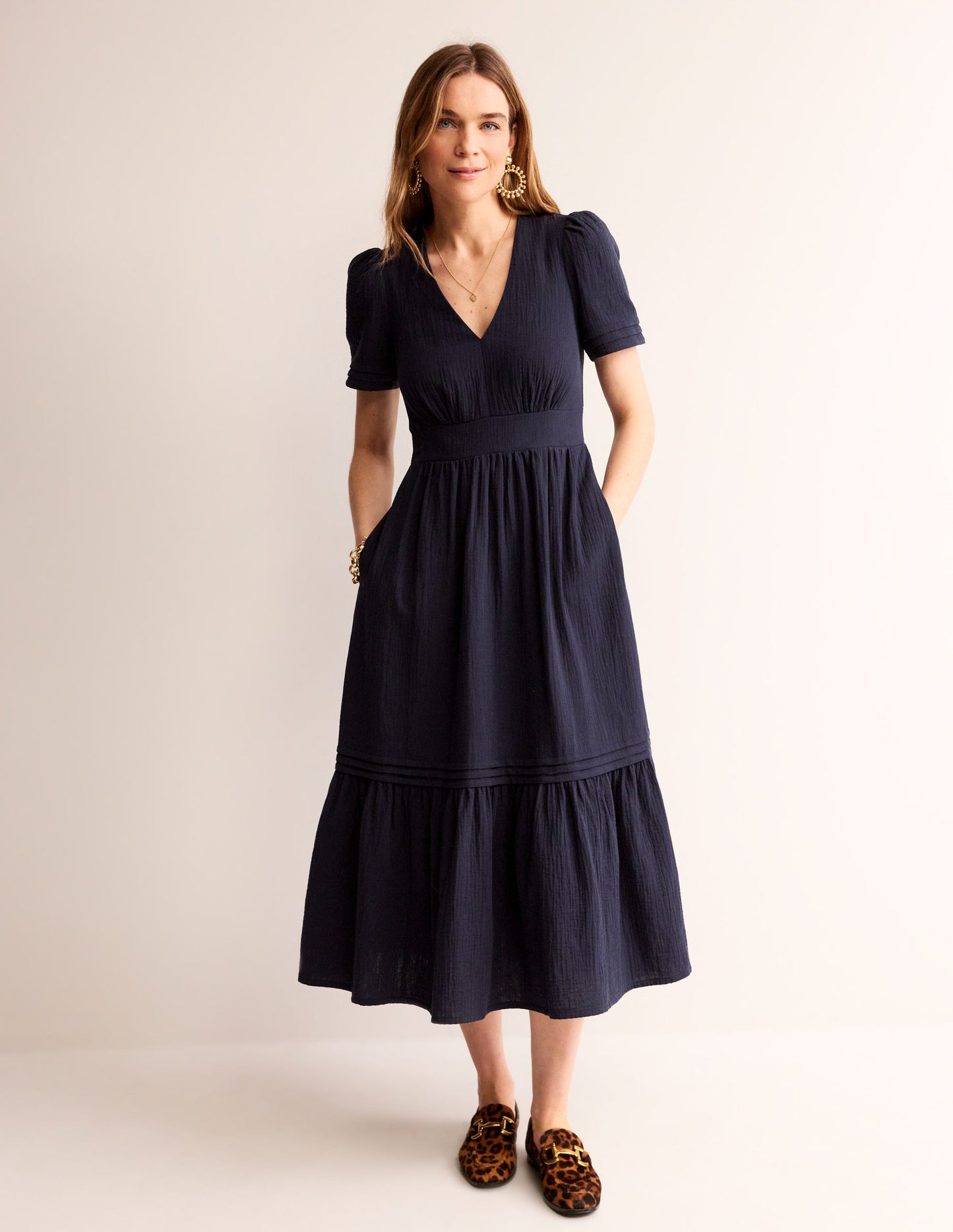 Eve Double Cloth Midi Dress-Navy