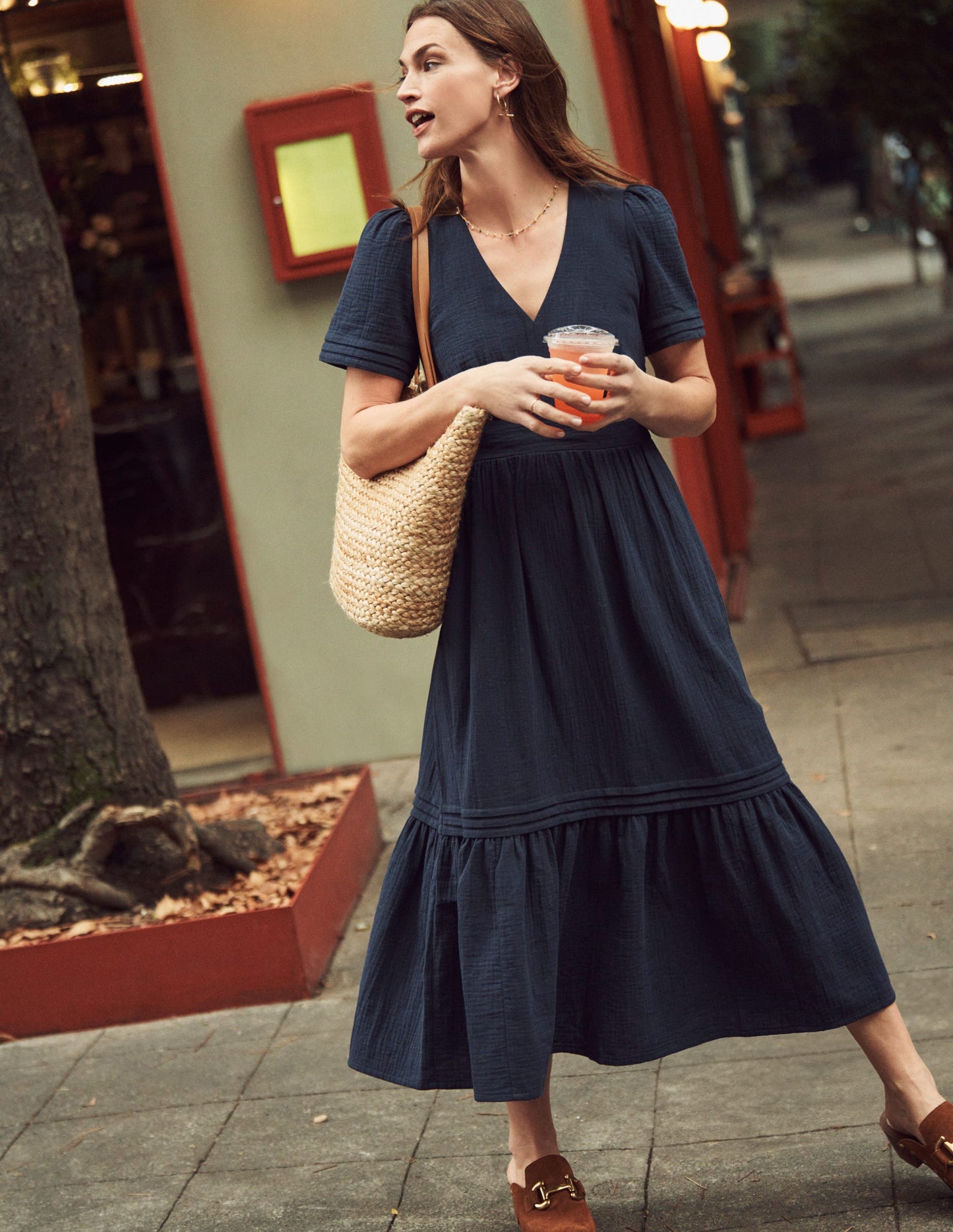 Eve Double Cloth Midi Dress-Navy