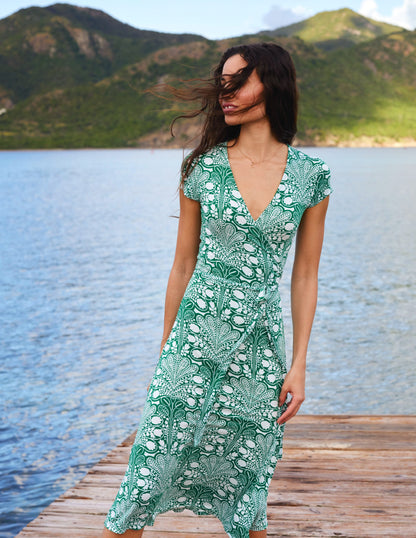 Joanna Cap Sleeve Wrap Dress-Green, Gardenia Swirl