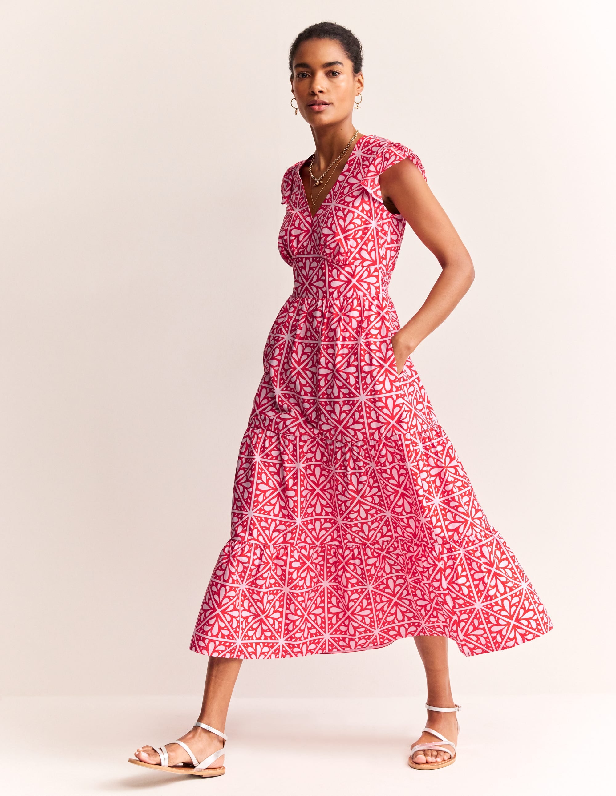 May Cotton Midi Tea Dress-Flame Scarlet, Floral Mosaic - Image 4