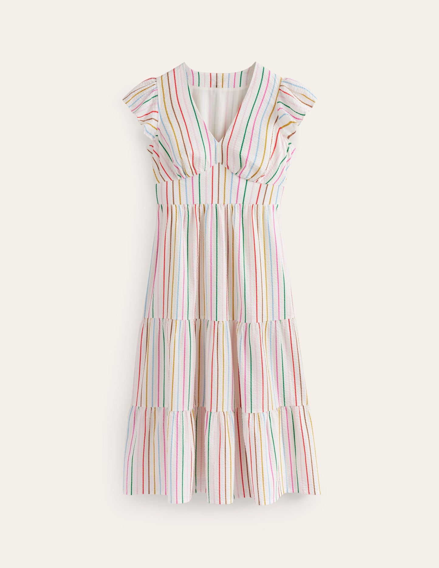 May Cotton Midi Tea Dress-Rainbow Seersucker Stripe