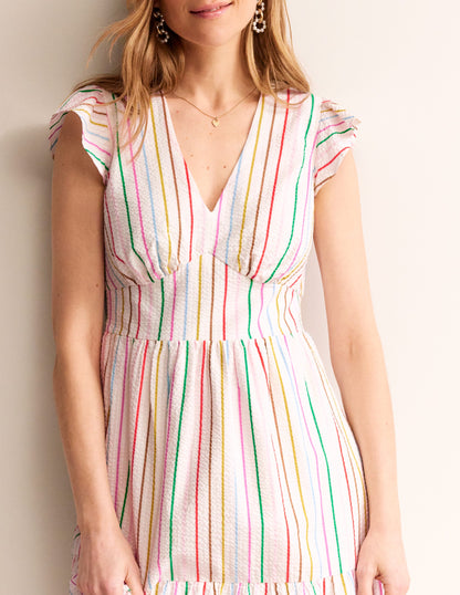 May Cotton Midi Tea Dress-Rainbow Seersucker Stripe