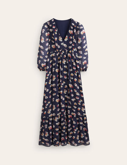 V Neck Puff Maxi Dress-French Navy, Botanical Petal