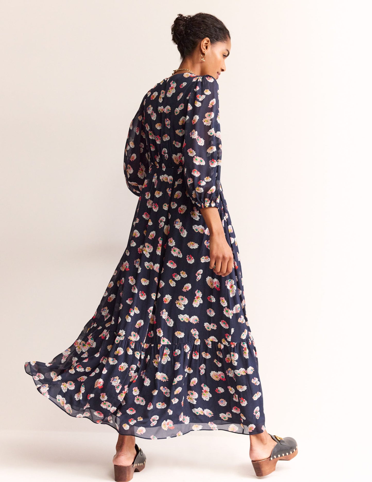 V Neck Puff Maxi Dress-French Navy, Botanical Petal