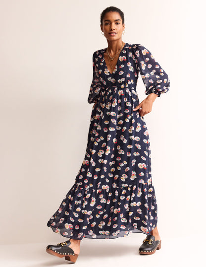 V Neck Puff Maxi Dress-French Navy, Botanical Petal