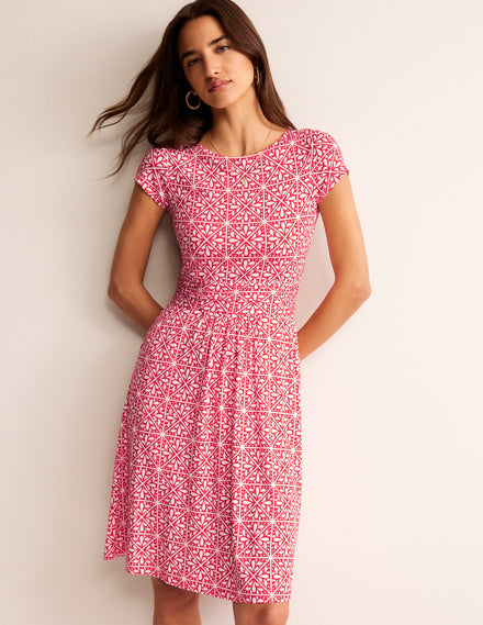Amelie Jersey Dress-Flame Scarlet, Floral Mosaic
