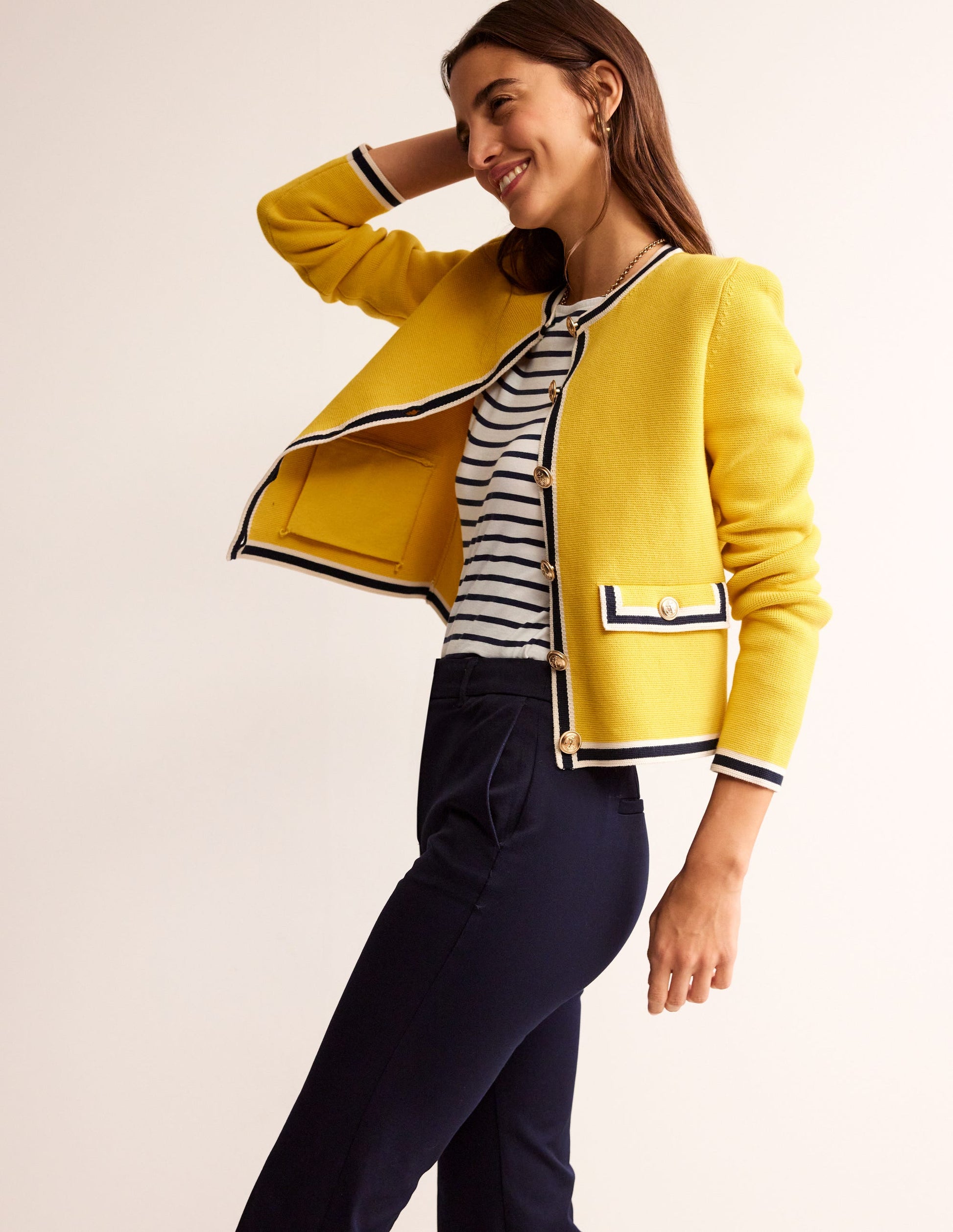 Holly Knitted Jacket-Mimosa Yellow, Navy Tipping-1