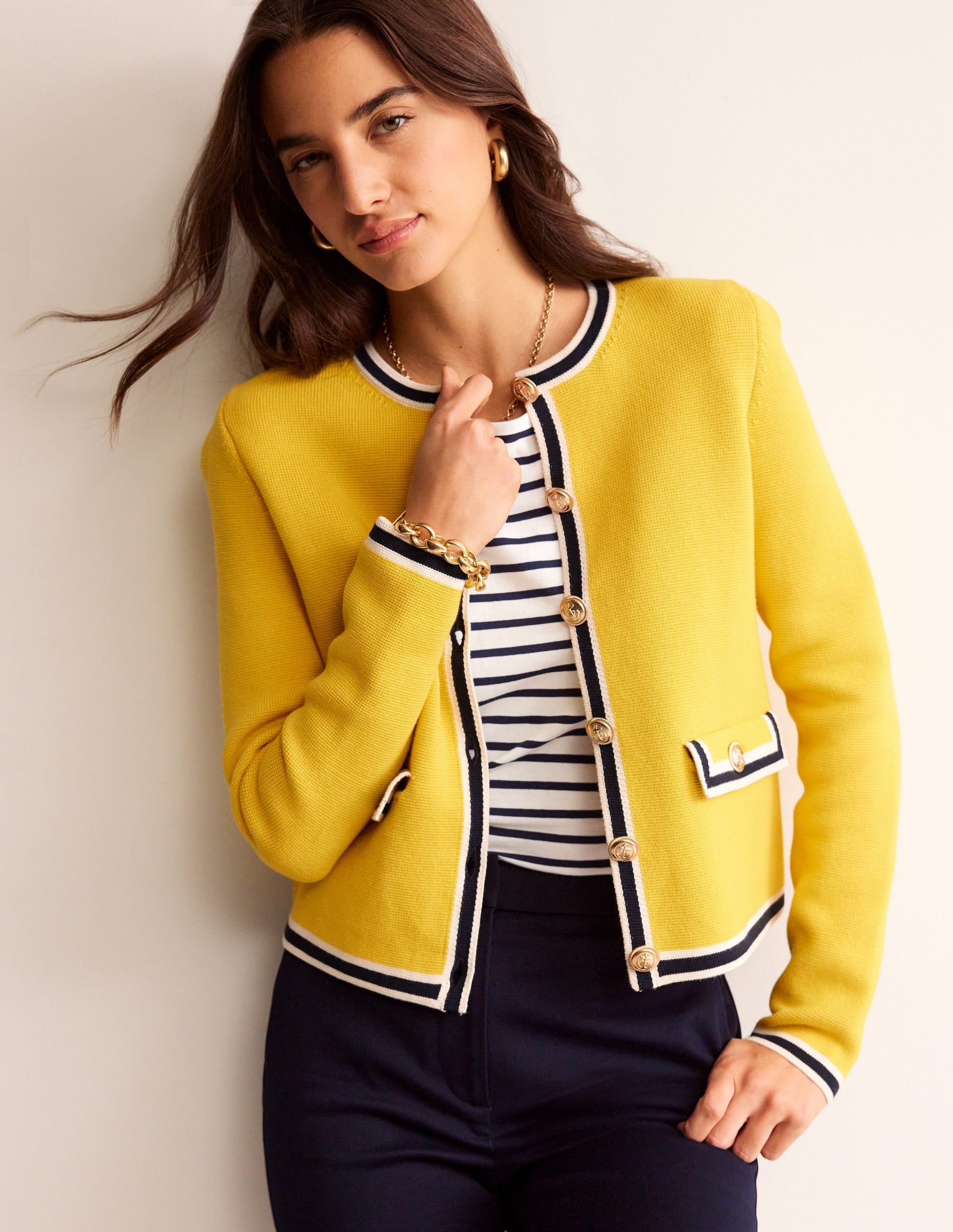 Holly Knitted Jacket-Mimosa Yellow, Navy Tipping - Image 2