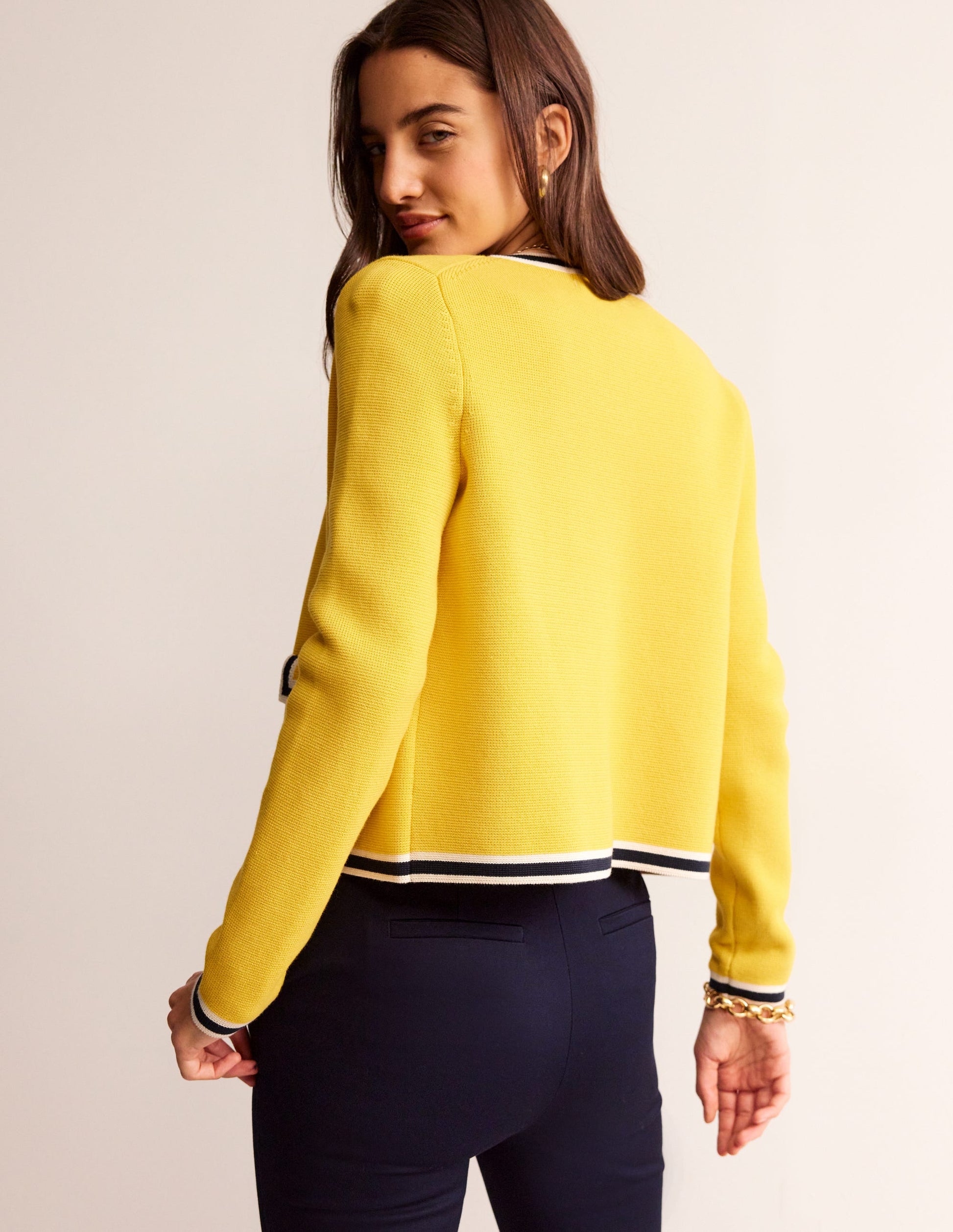 Holly Knitted Jacket-Mimosa Yellow, Navy Tipping-4