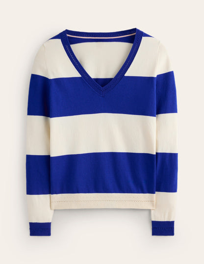 Catriona Cotton V-Neck Jumper-Bright Blue Stripe